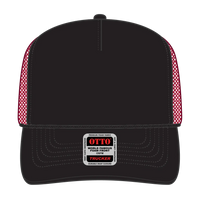 OTTO 39-165 5 Panel High Crown Mesh Back Trucker Cap - Blk/Blk/Red - Blk/Blk/Red / 6 1/2’’ - 7 5/8’’