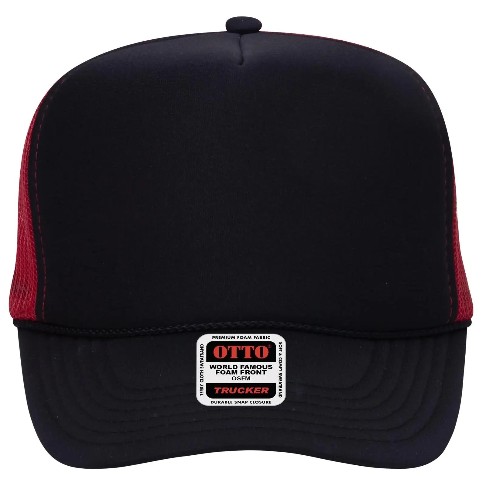 OTTO 39-165 5 Panel High Crown Mesh Back Trucker Cap - Blk/Blk/Red - Blk/Blk/Red / 6 1/2’’ - 7 5/8’’