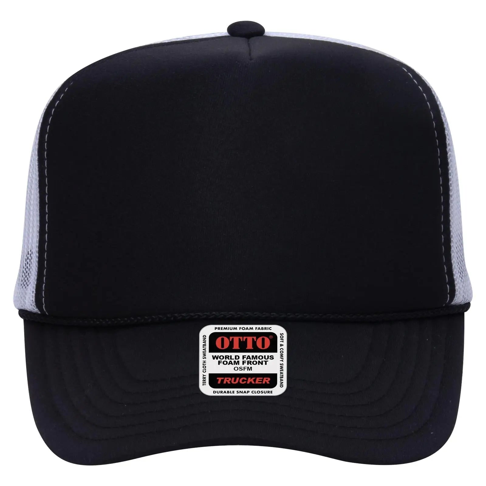 OTTO 39-165 5 Panel High Crown Mesh Back Trucker Cap - Blk/Blk/Wht - Blk/Blk/Wht / 6 1/2’’ - 7 5/8’’