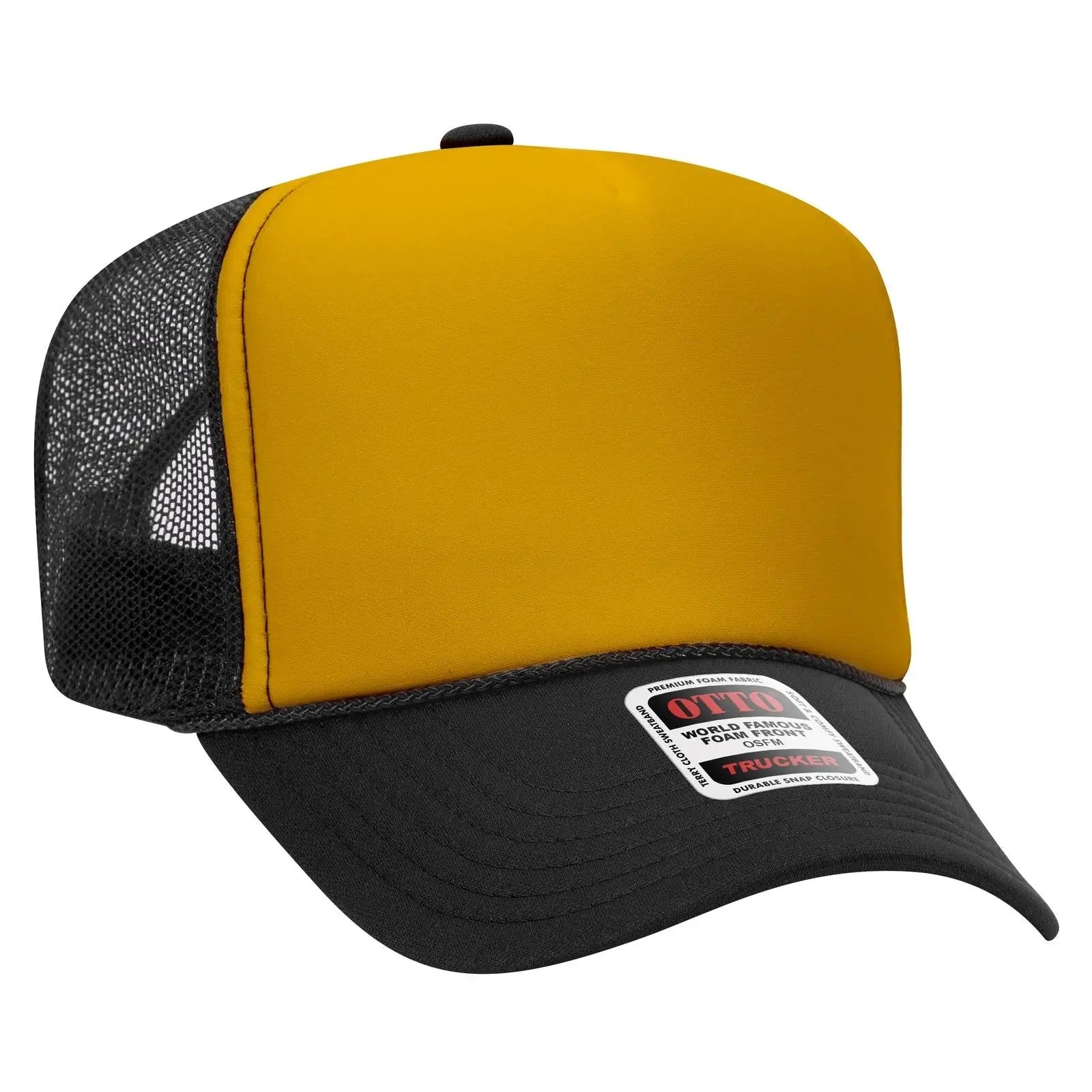 OTTO 39-165 5 Panel High Crown Mesh Back Trucker Cap - Blk/Gld/Blk - Blk/Gld/Blk / 6 1/2’’ - 7 5/8’’