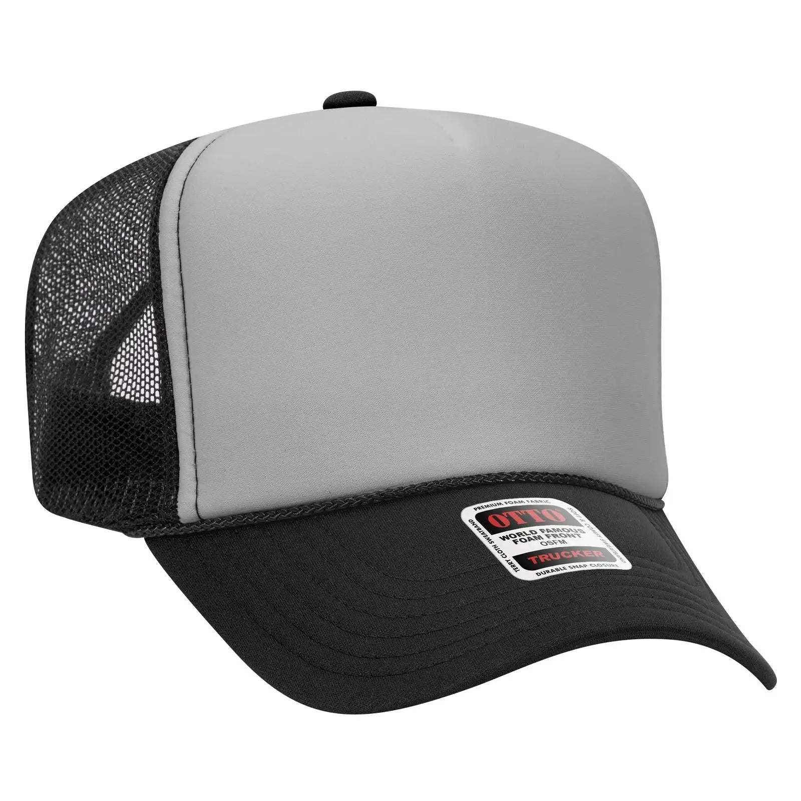 OTTO 39-165 5 Panel High Crown Mesh Back Trucker Cap - Blk/Gry/Blk - Blk/Gry/Blk / 6 1/2’’ - 7 5/8’’