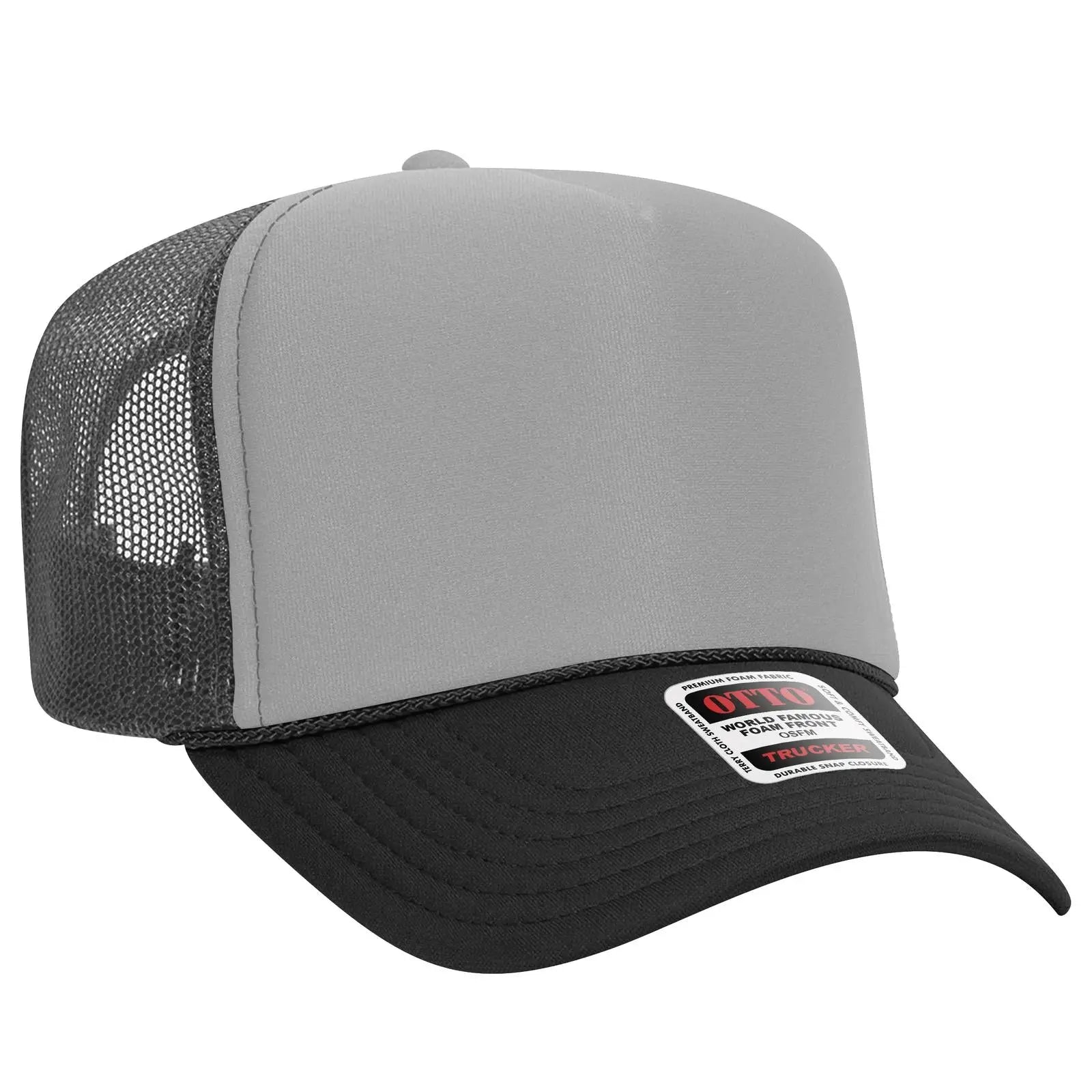 OTTO 39-165 5 Panel High Crown Mesh Back Trucker Cap - Blk/Gry/Ch.Gry - Blk/Gry/Ch.Gry / 6 1/2’’ - 7 5/8’’