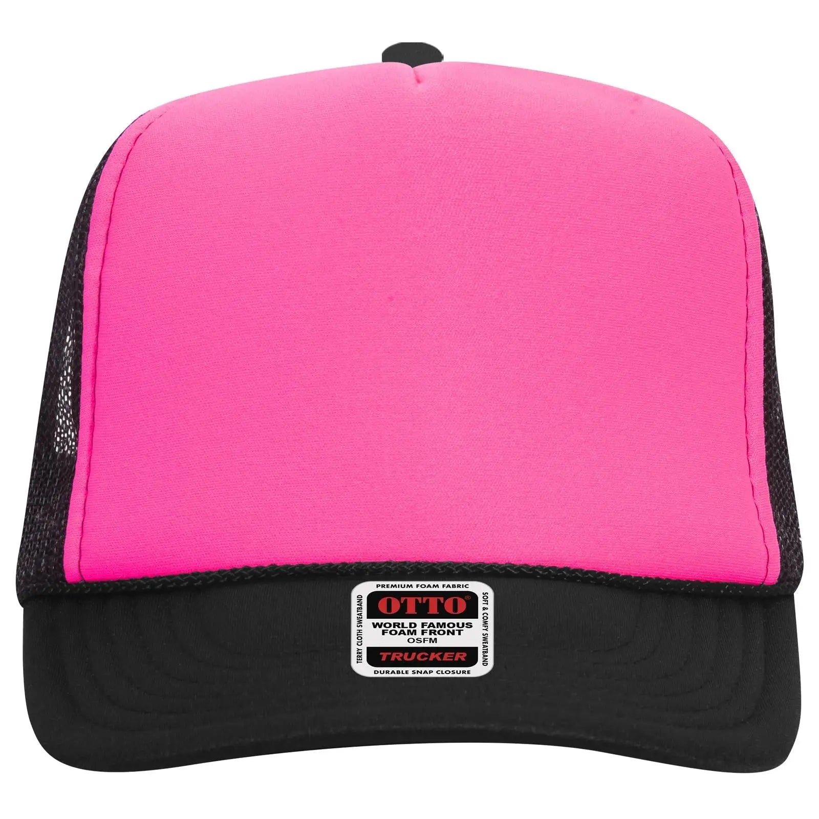 OTTO 39-165 5 Panel High Crown Mesh Back Trucker Cap - Blk/N.Pnk/Blk - Blk/N.Pnk/Blk / 6 1/2’’ - 7 5/8’’