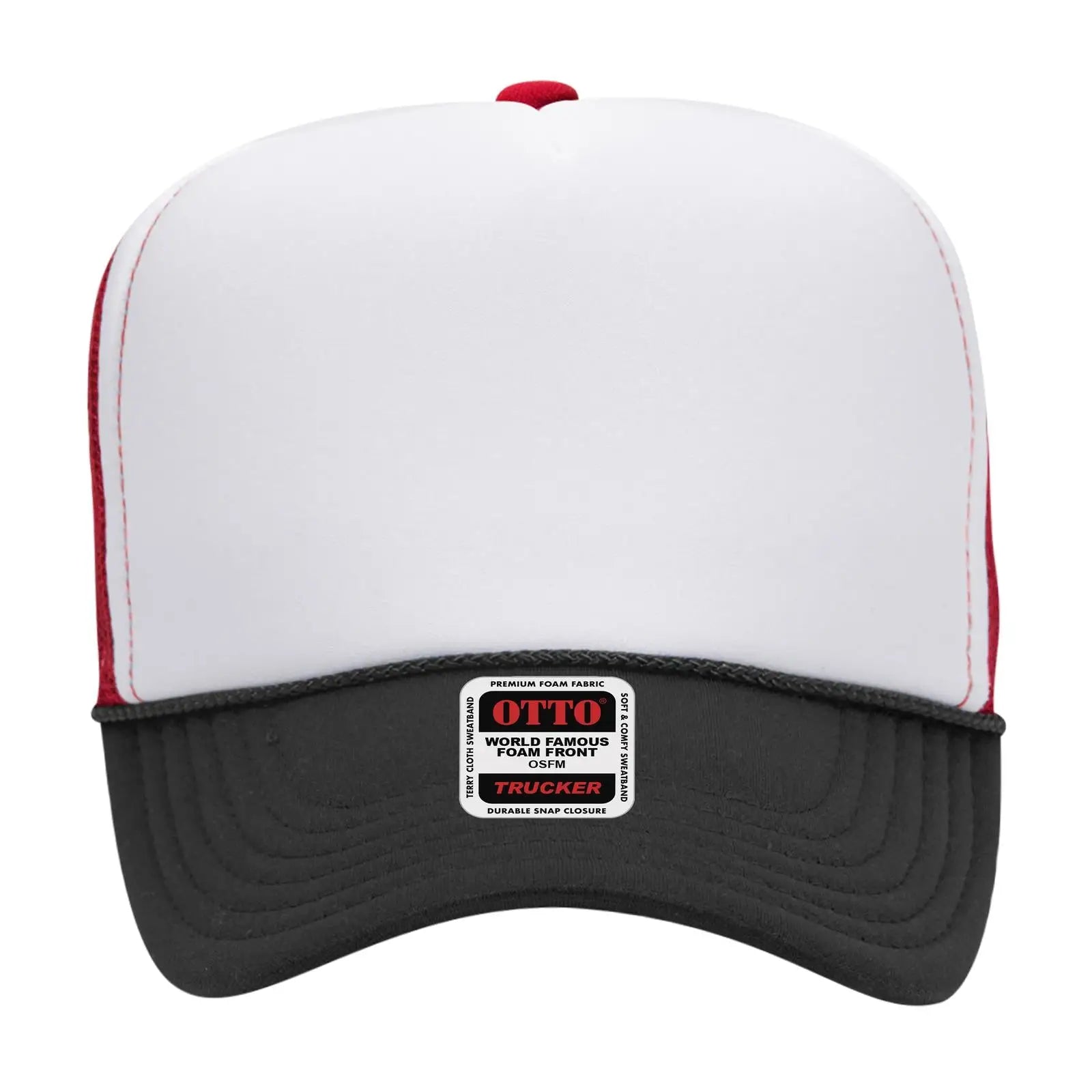 OTTO 39-165 5 Panel High Crown Mesh Back Trucker Cap - Blk/Wht/Red - Blk/Wht/Red / 6 1/2’’ - 7 5/8’’
