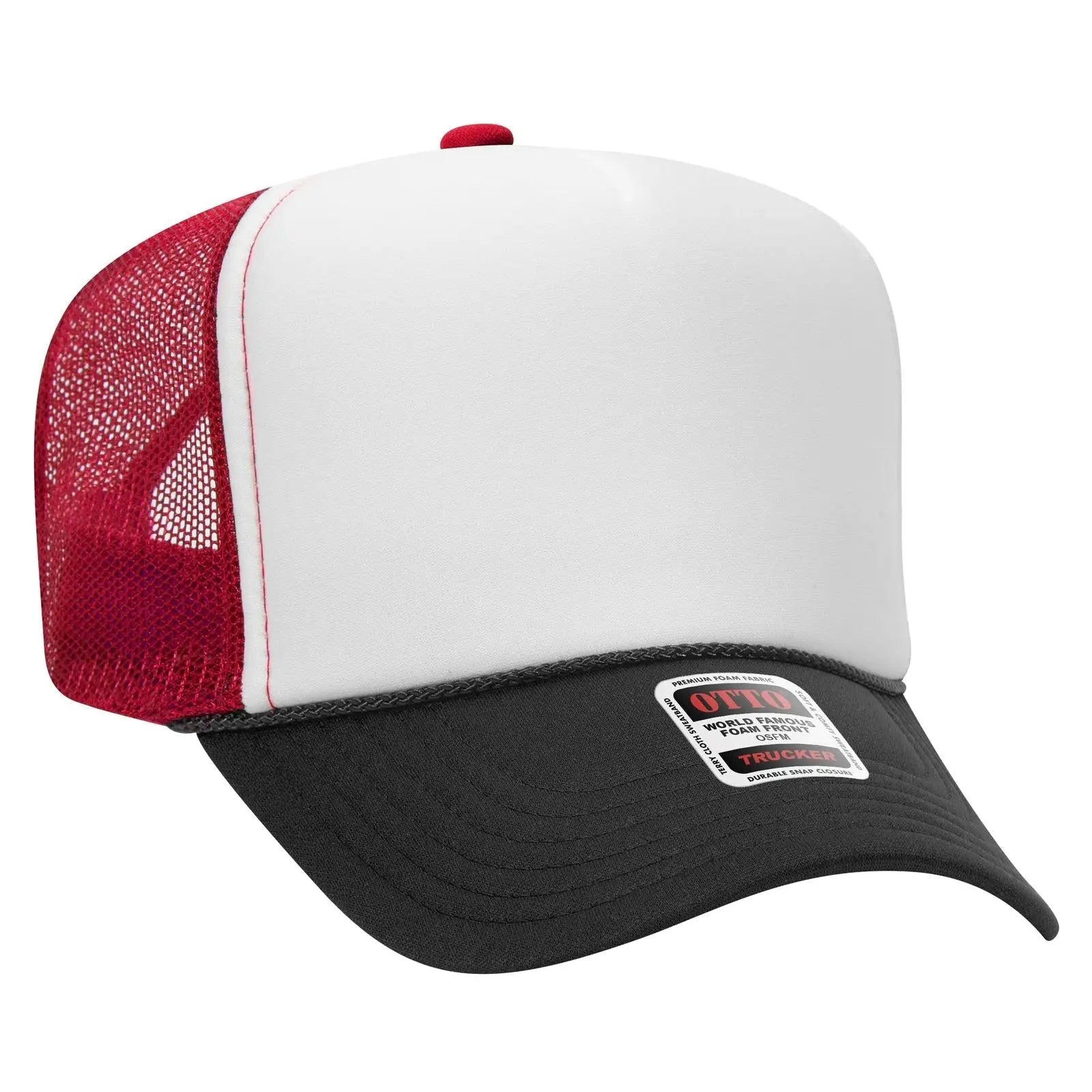 OTTO 39-165 5 Panel High Crown Mesh Back Trucker Cap - Blk/Wht/Red - Blk/Wht/Red / 6 1/2’’ - 7 5/8’’