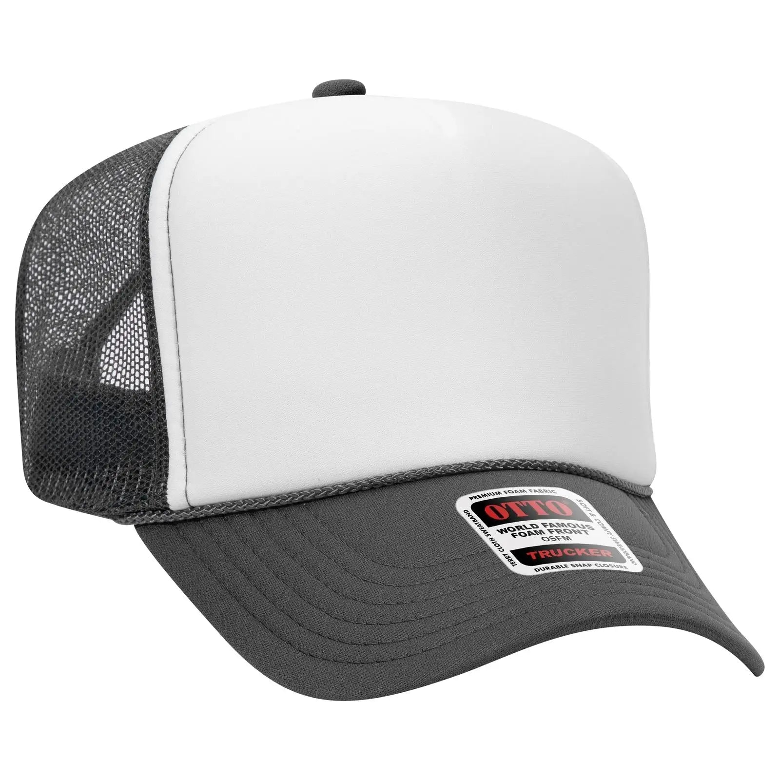 OTTO 39-165 5 Panel High Crown Mesh Back Trucker Cap - Ch.Gry/Wht/Ch.Gry