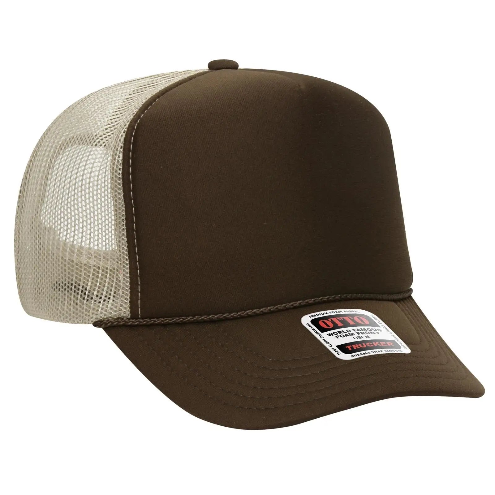 OTTO 39-165 5 Panel High Crown Mesh Back Trucker Cap - Dk.Brn/Dk.Brn/Kha - Dk.Brn/Dk.Brn/Kha / 6 1/2’’ - 7 5/8’’