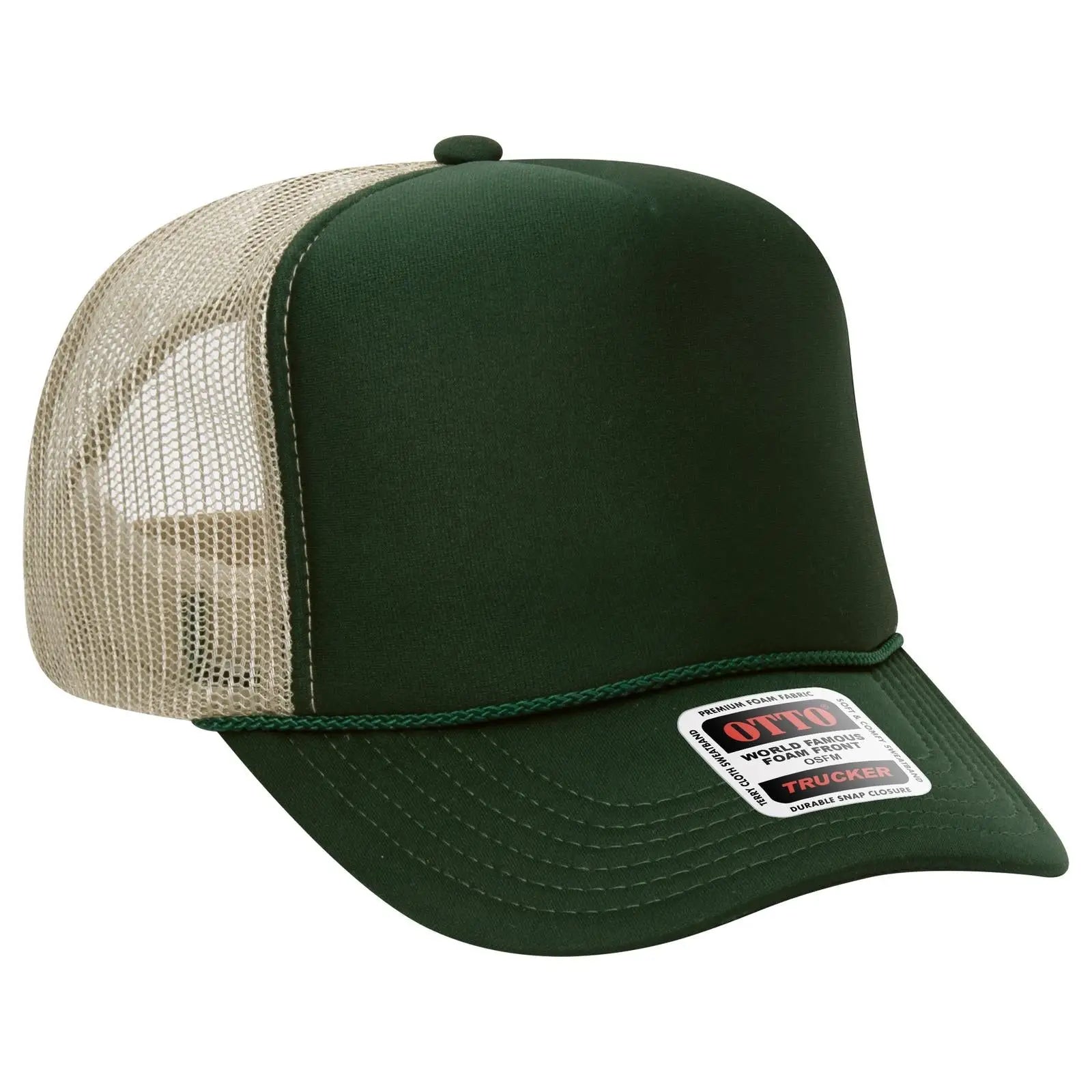 OTTO 39-165 5 Panel High Crown Mesh Back Trucker Cap - Dk.Grn/Dk.Grn/Kha - Dk.Grn/Dk.Grn/Kha / 6 1/2’’ - 7 5/8’’