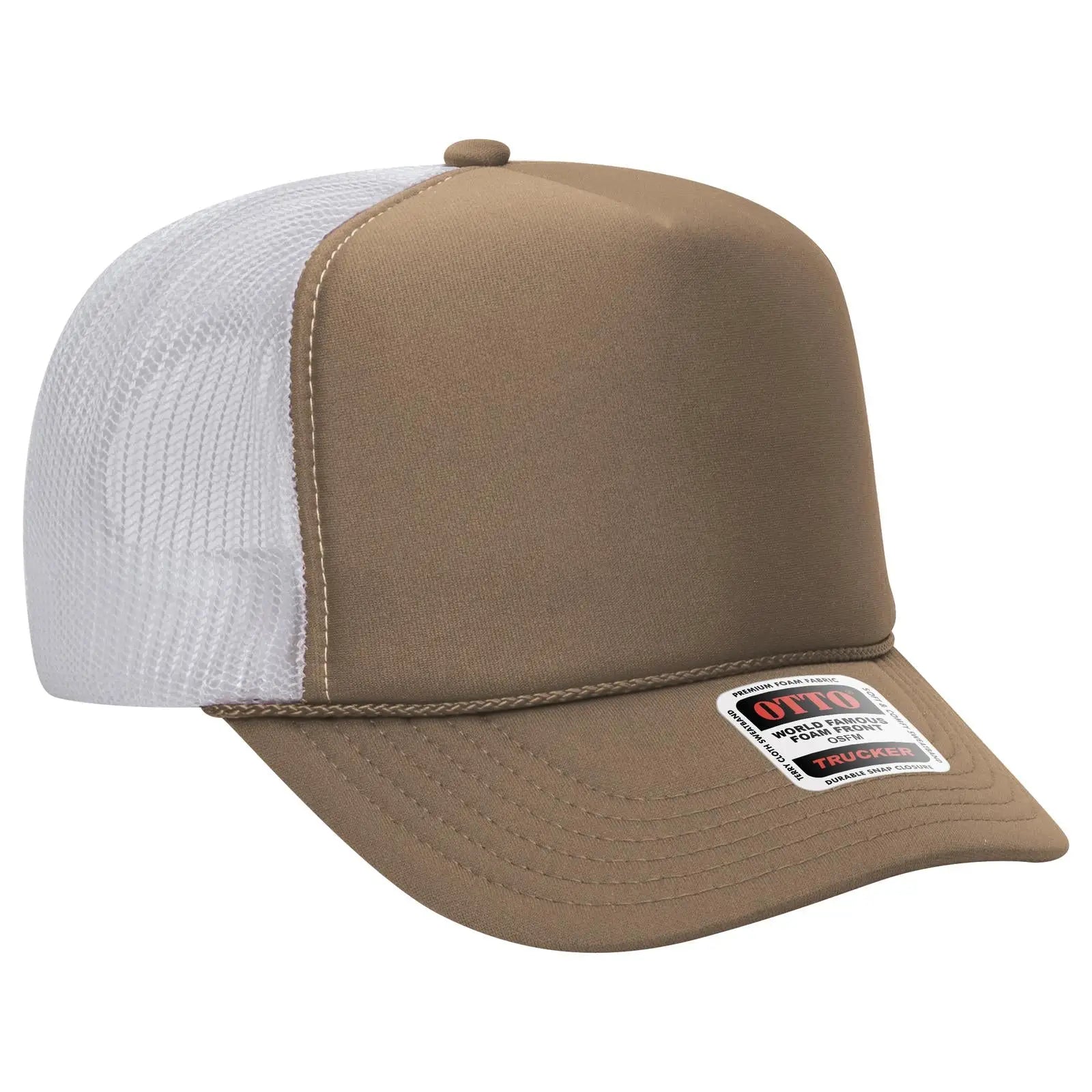 OTTO 39-165 5 Panel High Crown Mesh Back Trucker Cap - Dk.Kha/Dk.Kha/Wht - Dk.Kha/Dk.Kha/Wht / 6 1/2’’ - 7 5/8’’