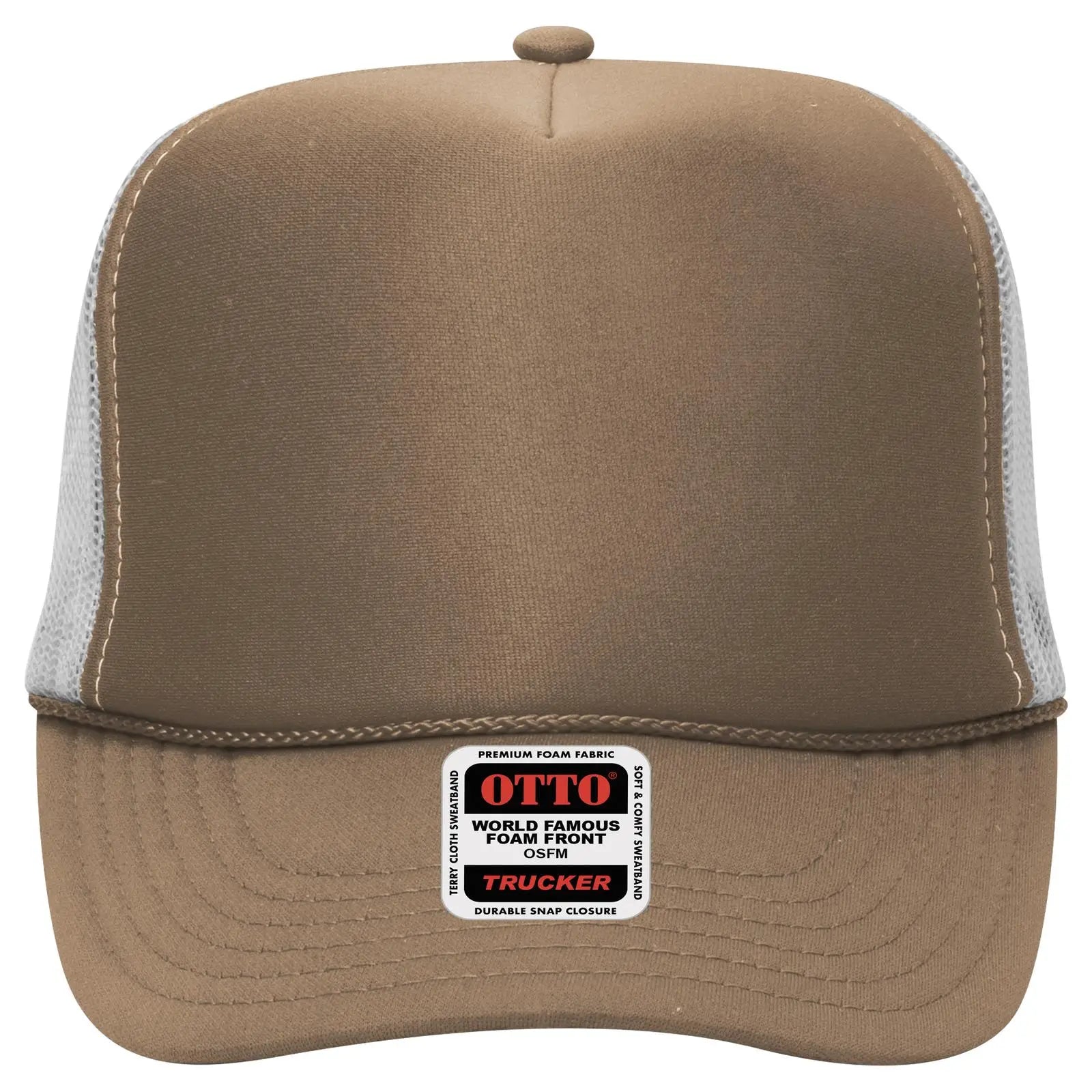 OTTO 39-165 5 Panel High Crown Mesh Back Trucker Cap - Dk.Kha/Dk.Kha/Wht - Dk.Kha/Dk.Kha/Wht / 6 1/2’’ - 7 5/8’’