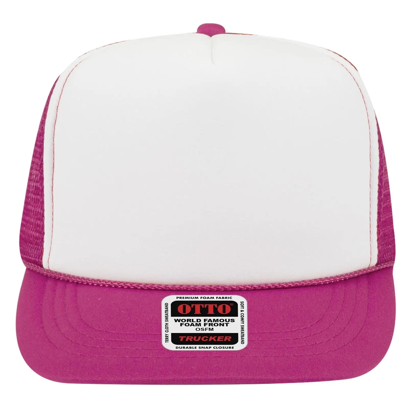 OTTO 39-165 5 Panel High Crown Mesh Back Trucker Cap - H.Pnk/Wht/H.Pnk