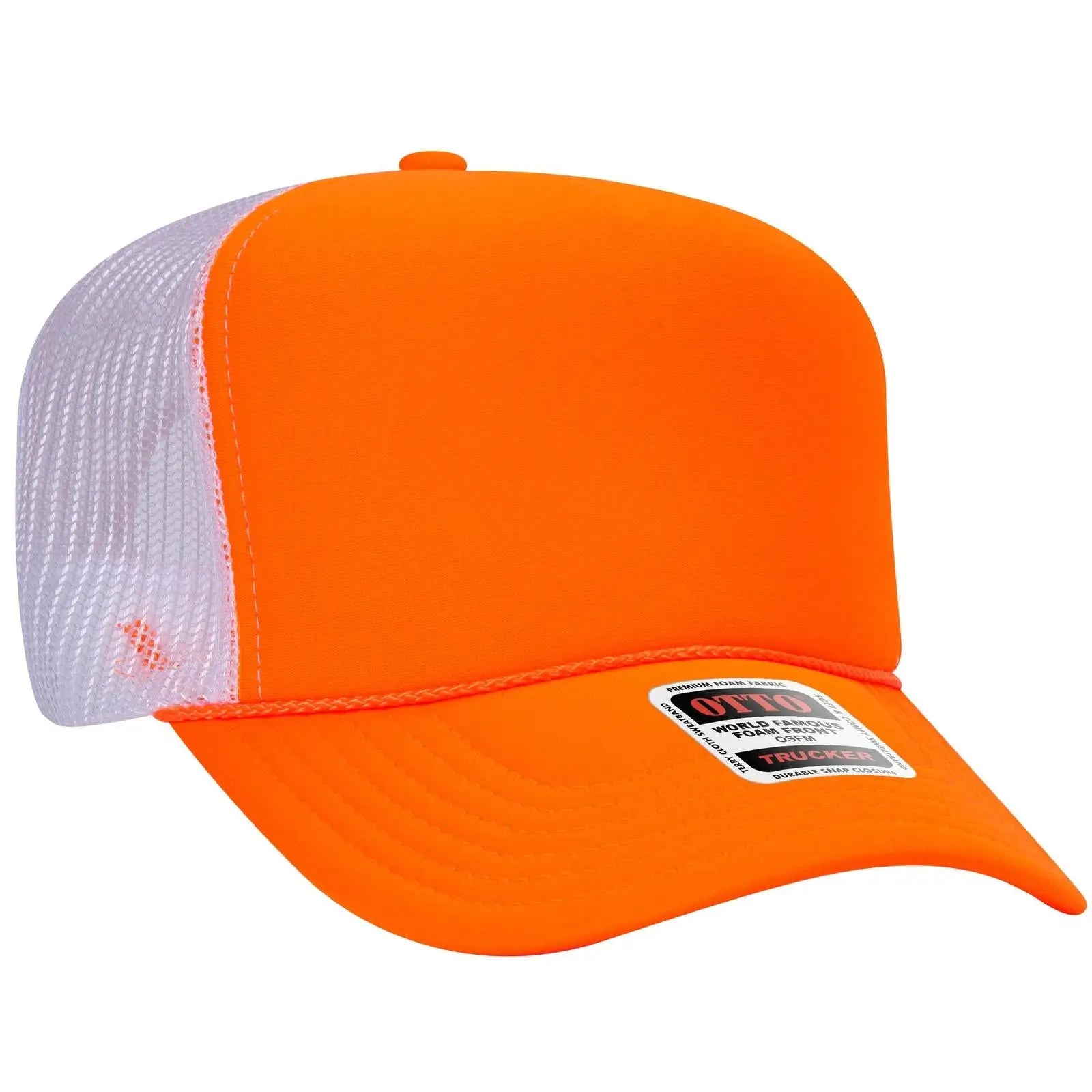 OTTO 39-165 5 Panel High Crown Mesh Back Trucker Cap - N Org/N Org/Wht - N Org/N Org/Wht / 6 1/2’’ - 7 5/8’’
