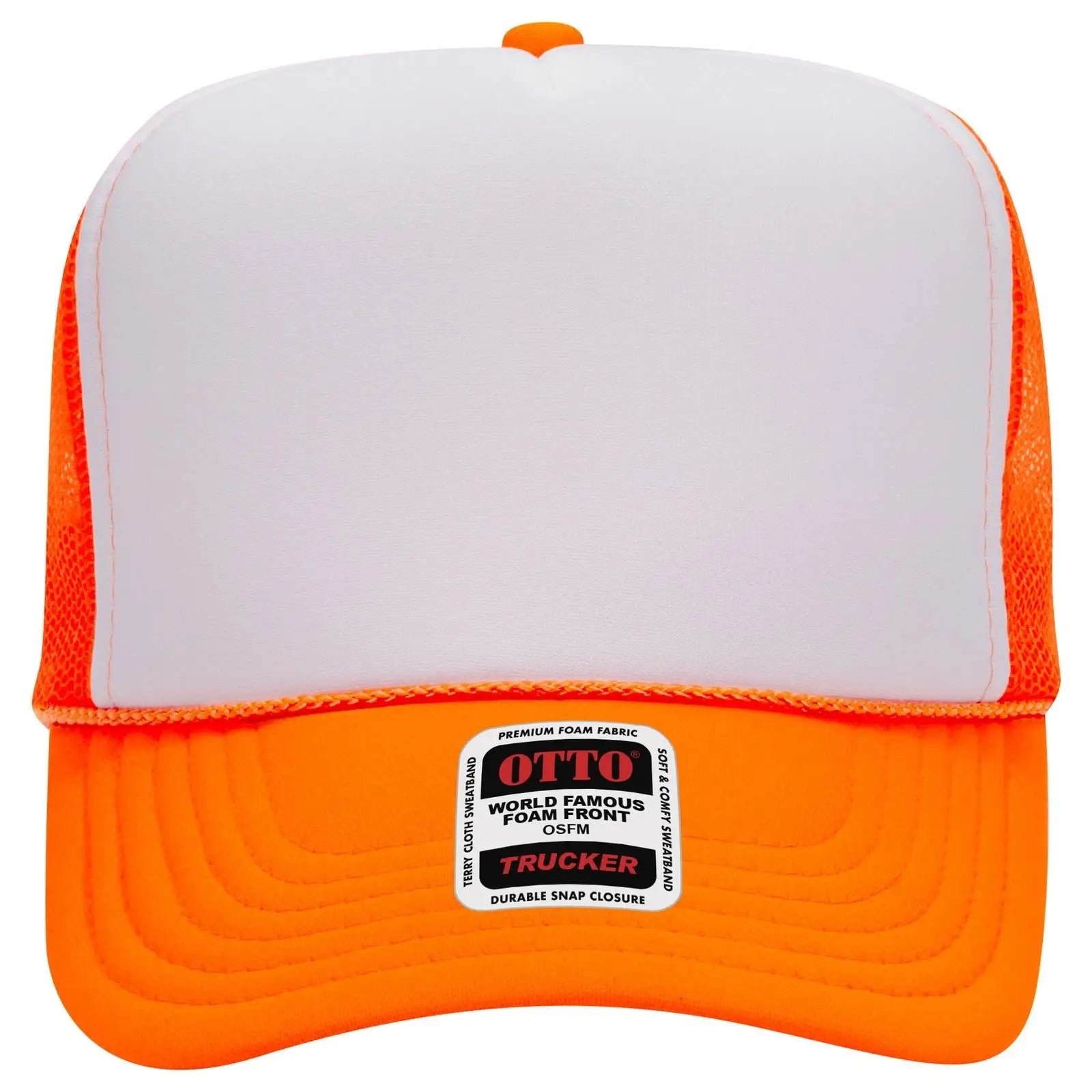 OTTO 39-165 5 Panel High Crown Mesh Back Trucker Cap - N.Org/Wht/N.Org - N.Org/Wht/N.Org / 6 1/2’’ - 7 5/8’’