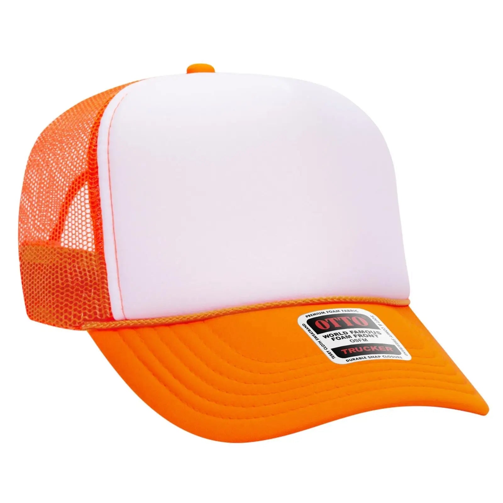 OTTO 39-165 5 Panel High Crown Mesh Back Trucker Cap - N.Org/Wht/N.Org - N.Org/Wht/N.Org / 6 1/2’’ - 7 5/8’’