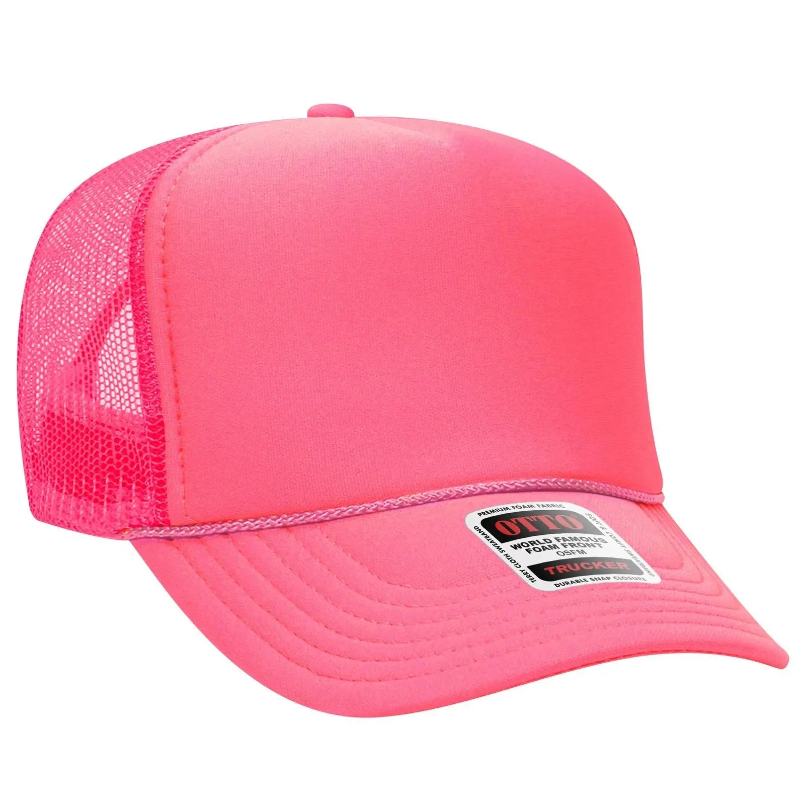 OTTO 39-165 5 Panel High Crown Mesh Back Trucker Cap - N. Pink - N. Pink / 6 1/2’’ - 7 5/8’’