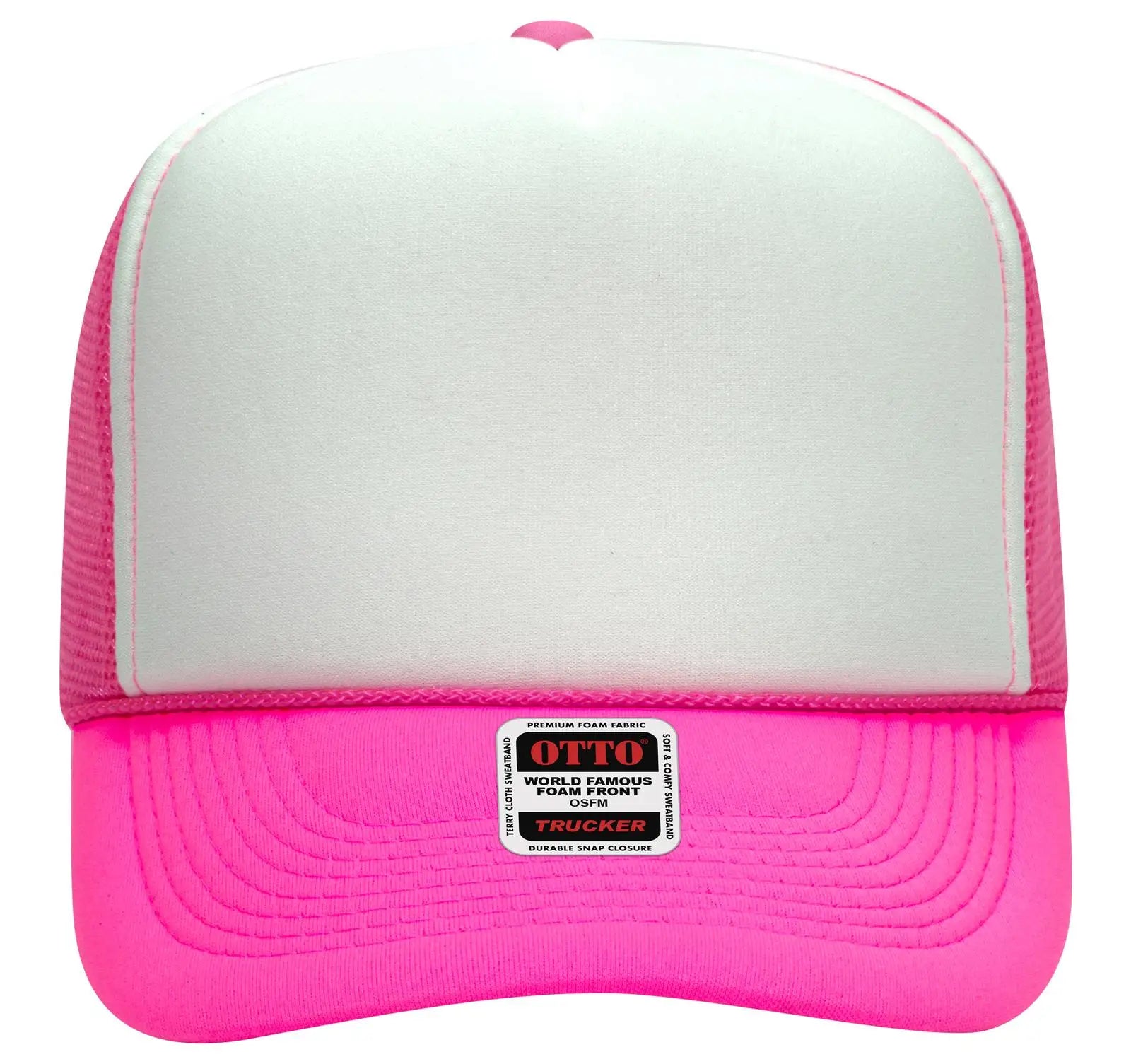 OTTO 39-165 5 Panel High Crown Mesh Back Trucker Cap - N.Pnk/Wht/N.Pnk