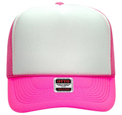 OTTO 39-165 5 Panel High Crown Mesh Back Trucker Cap - N.Pnk/Wht/N.Pnk