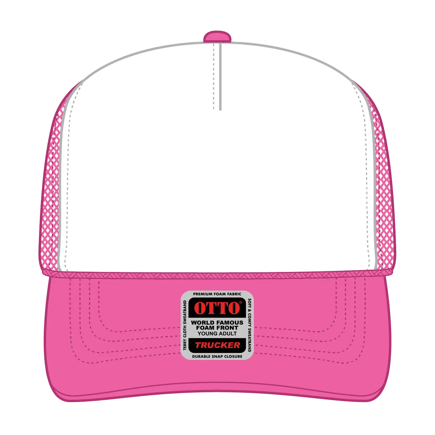 OTTO 39-165 5 Panel High Crown Mesh Back Trucker Cap - N.Pnk/Wht/N.Pnk - N.Pnk/Wht/N.Pnk / 6’’ - 7 1/8’’