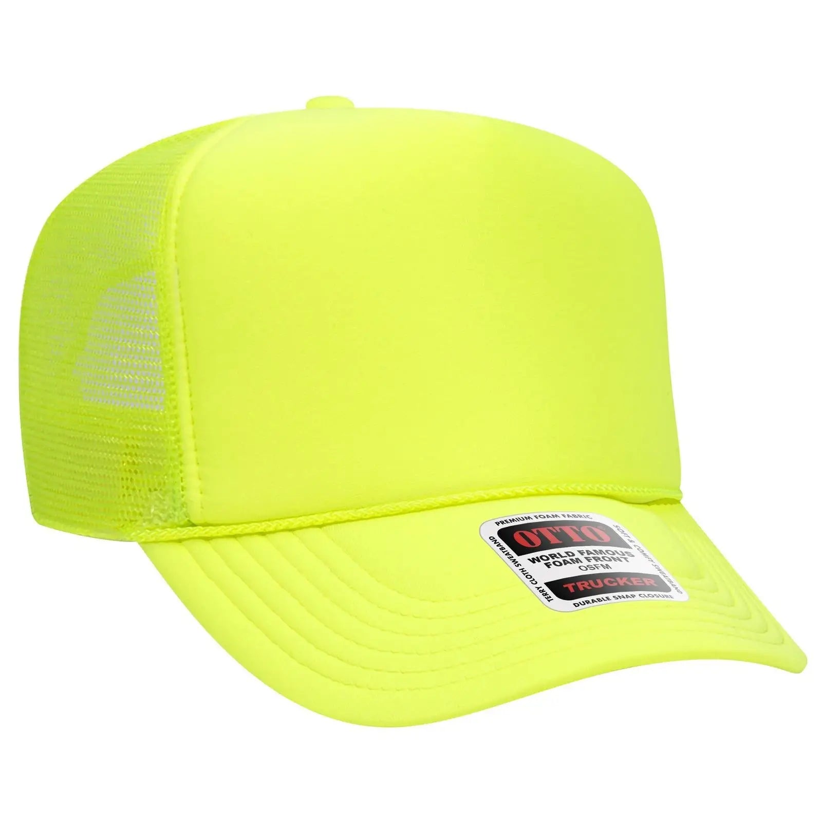 OTTO 39-165 5 Panel High Crown Mesh Back Trucker Cap - N. Yellow - N. Yellow / 6 1/2’’ - 7 5/8’’