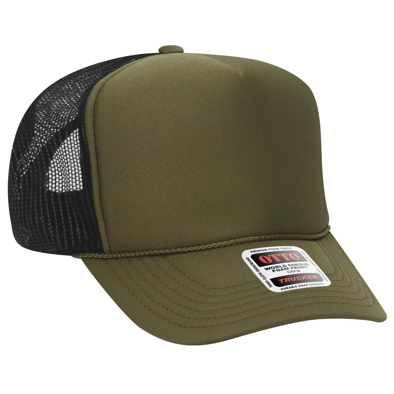 OTTO 39-165 5 Panel High Crown Mesh Back Trucker Cap - Ol.Grn/Ol.Grn/Blk - Ol.Grn/Ol.Grn/Blk / 6 1/2’’ - 7 5/8’’