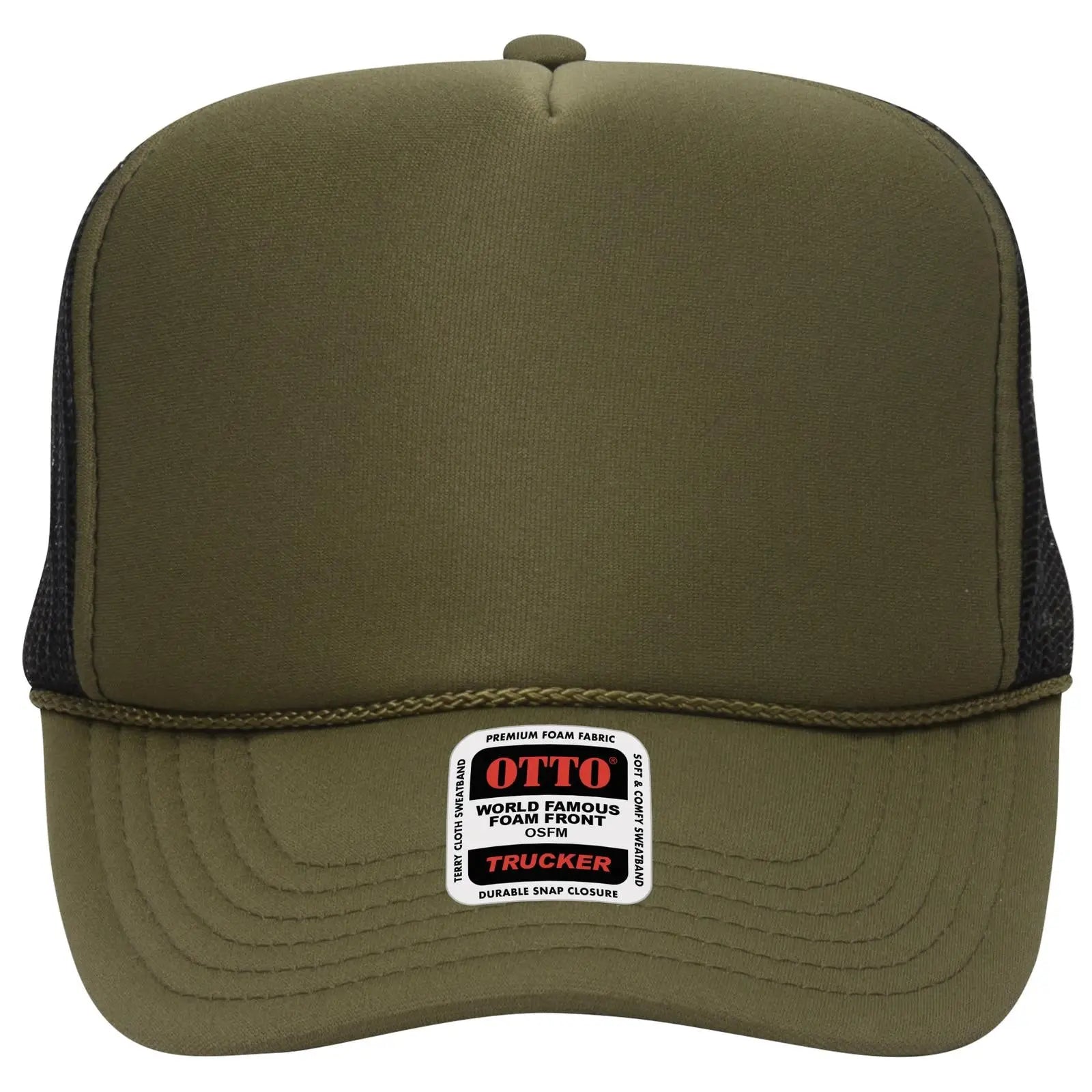 OTTO 39-165 5 Panel High Crown Mesh Back Trucker Cap - Ol.Grn/Ol.Grn/Blk - Ol.Grn/Ol.Grn/Blk / 6 1/2’’ - 7 5/8’’