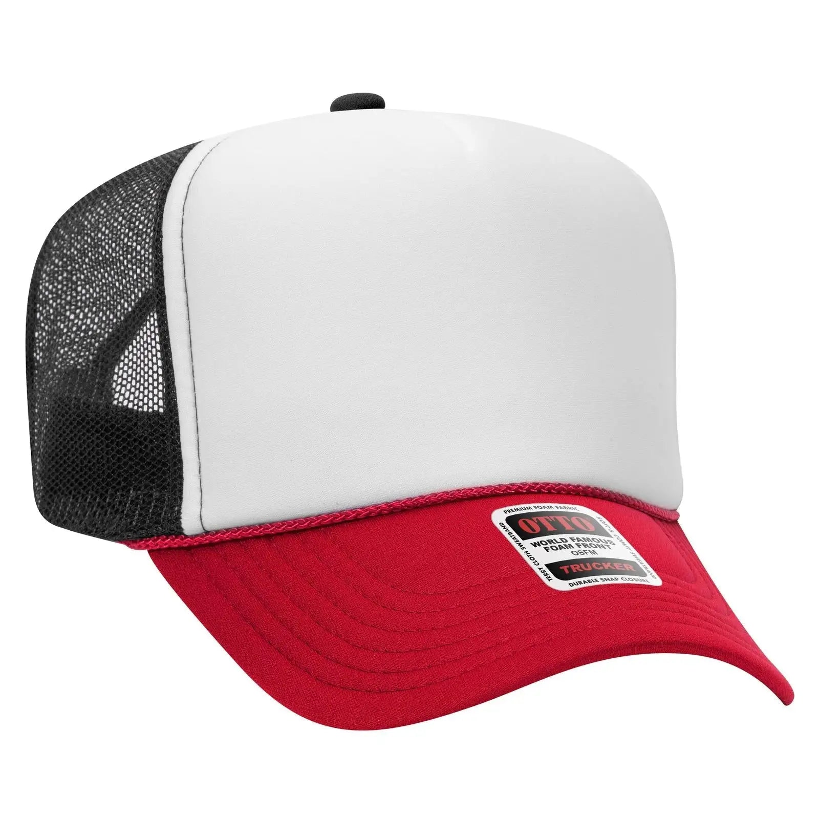 OTTO 39-165 5 Panel High Crown Mesh Back Trucker Cap - Red/Wht/Blk - Red/Wht/Blk / 6 1/2’’ - 7 5/8’’