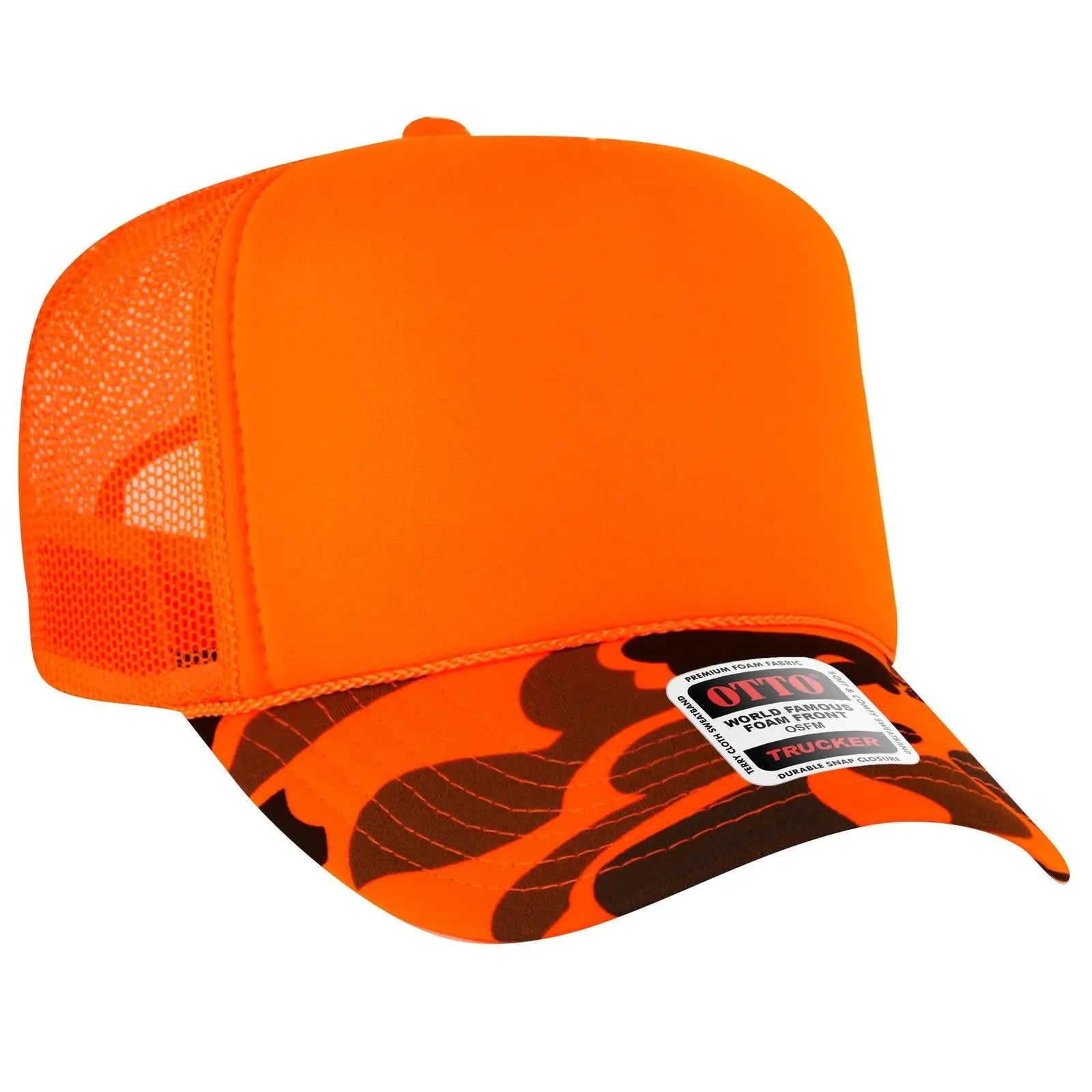 OTTO 39-165 Camouflage 5 Panel High Crown Mesh Back Trucker Cap - N.Org/Camo - N.Org/Camo / 6 1/2’’ - 7 5/8’’