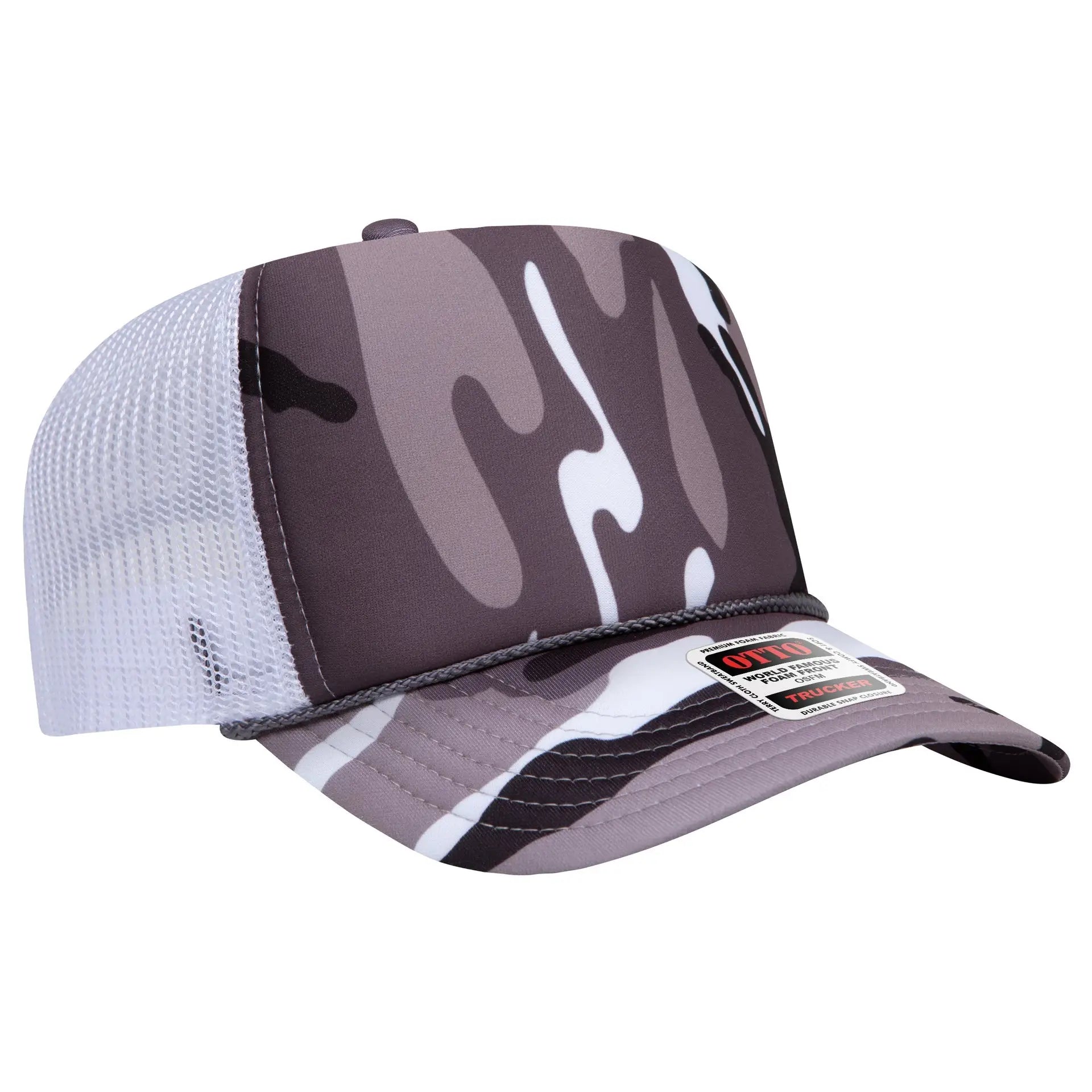 OTTO 39-165 Camouflage 5 Panel High Crown Mesh Back Trucker Cap - Snow Camo/Wht - Snow Camo/Wht / 6 1/2’’ - 7 5/8’’