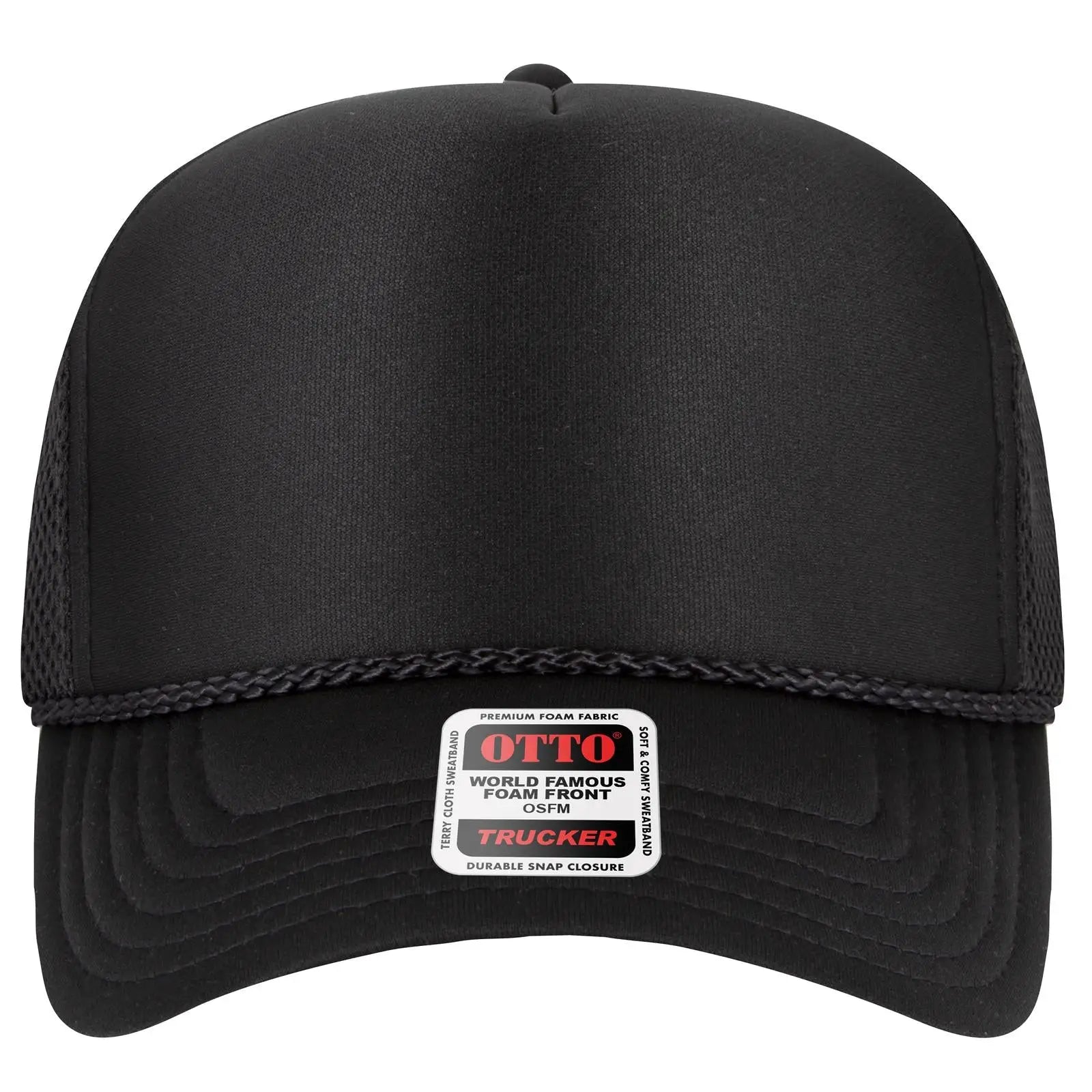 OTTO 39-166 5 Panel High Crown Air Mesh Back Trucker Cap - Black - Black / 7 3/8’’ - 7 5/8’’