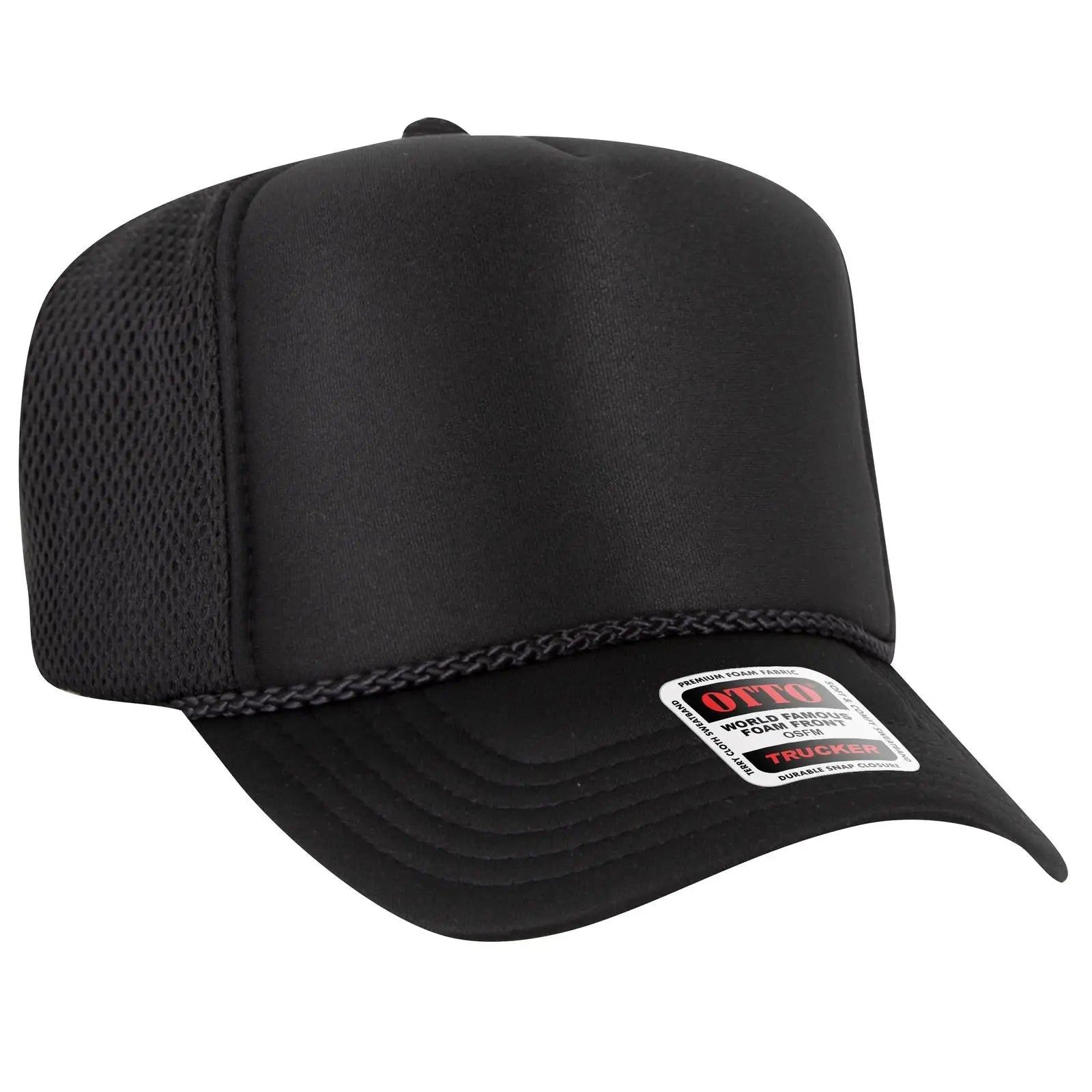 OTTO 39-166 5 Panel High Crown Air Mesh Back Trucker Cap - Black - Black / 7 3/8’’ - 7 5/8’’