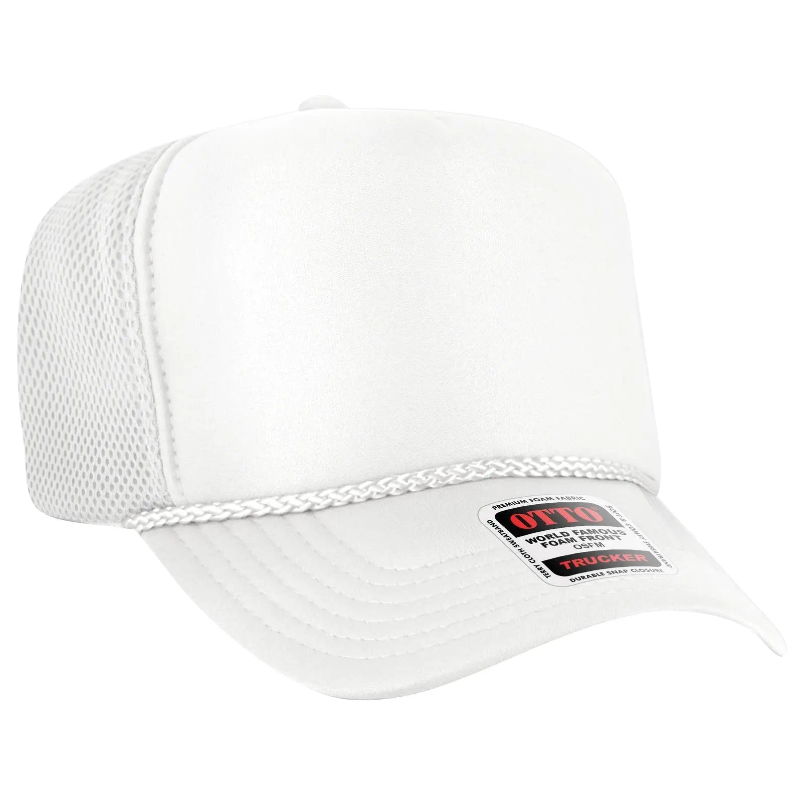 OTTO 39-166 5 Panel High Crown Air Mesh Back Trucker Cap - White - White / 7 3/8’’ - 7 5/8’’