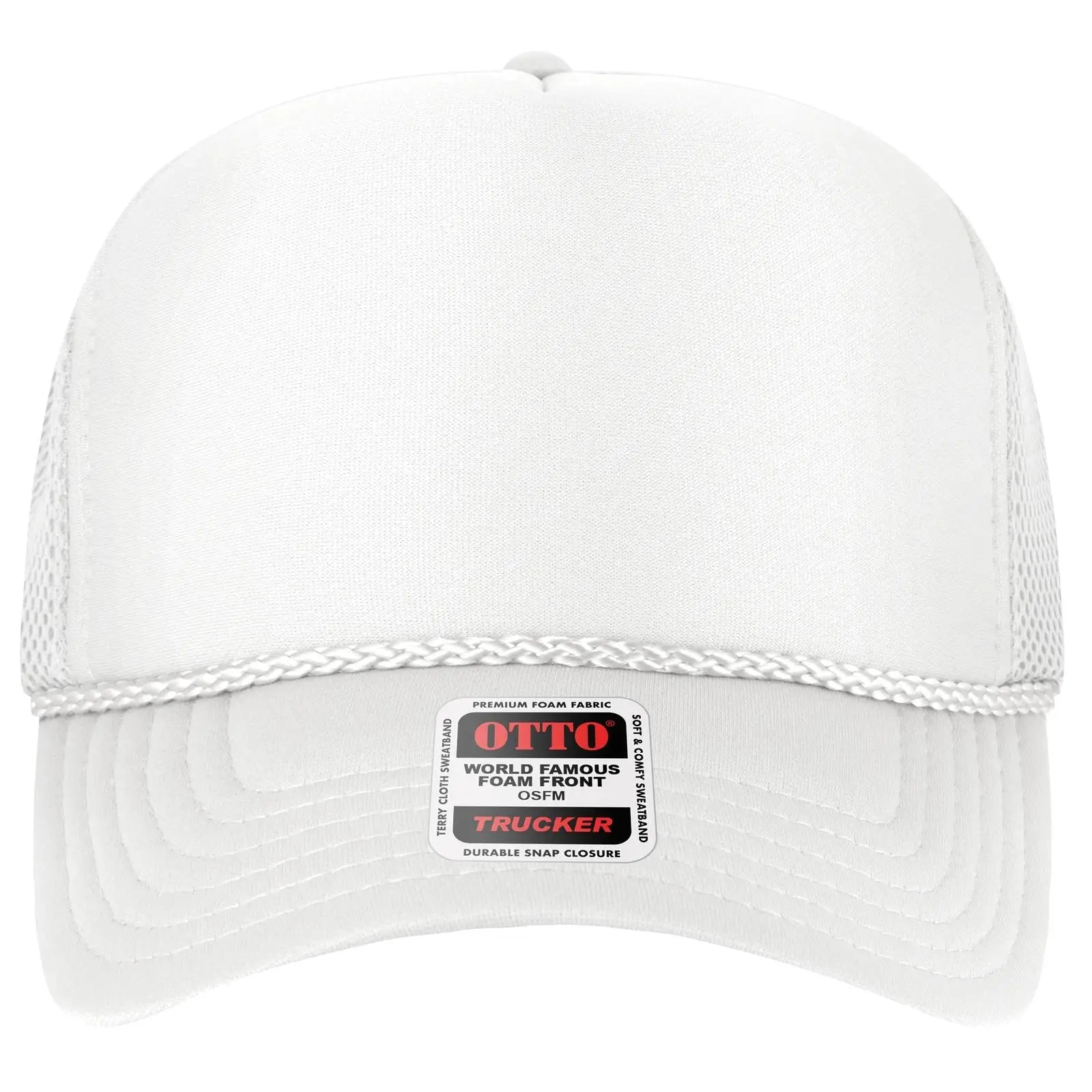 OTTO 39-166 5 Panel High Crown Air Mesh Back Trucker Cap - White - White / 7 3/8’’ - 7 5/8’’
