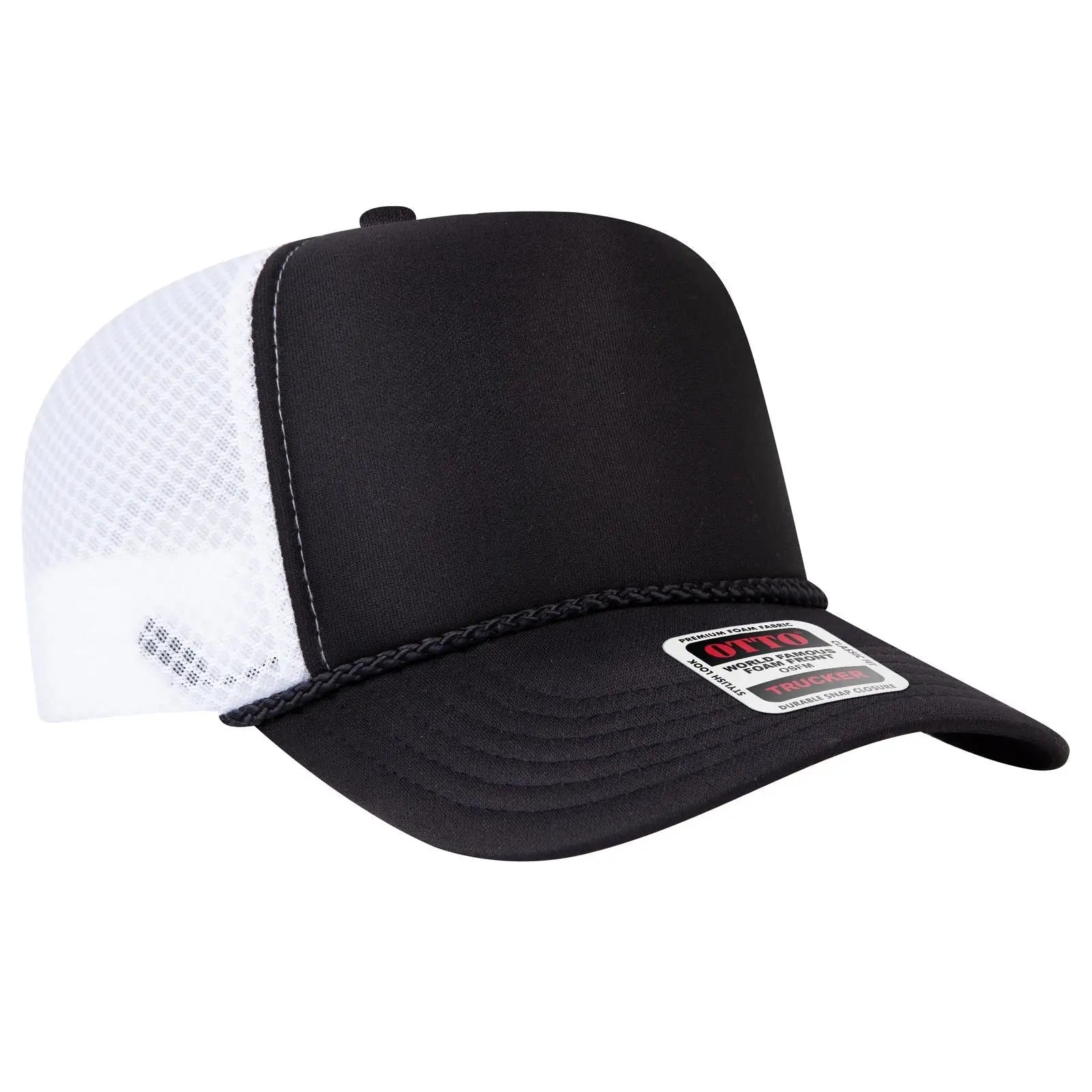 OTTO 39-166 5 Panel High Crown Circle Mesh Back Trucker Cap - Blk/Blk/Wht - Blk/Blk/Wht / 7 3/8’’ - 7 5/8’’
