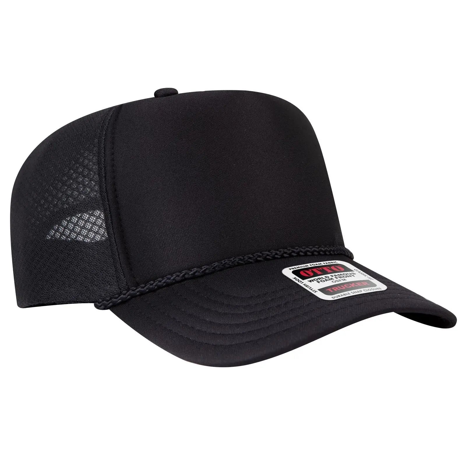 OTTO 39-166 5 Panel High Crown Circle Mesh Back Trucker Cap - Black - Black / 7 3/8’’ - 7 5/8’’