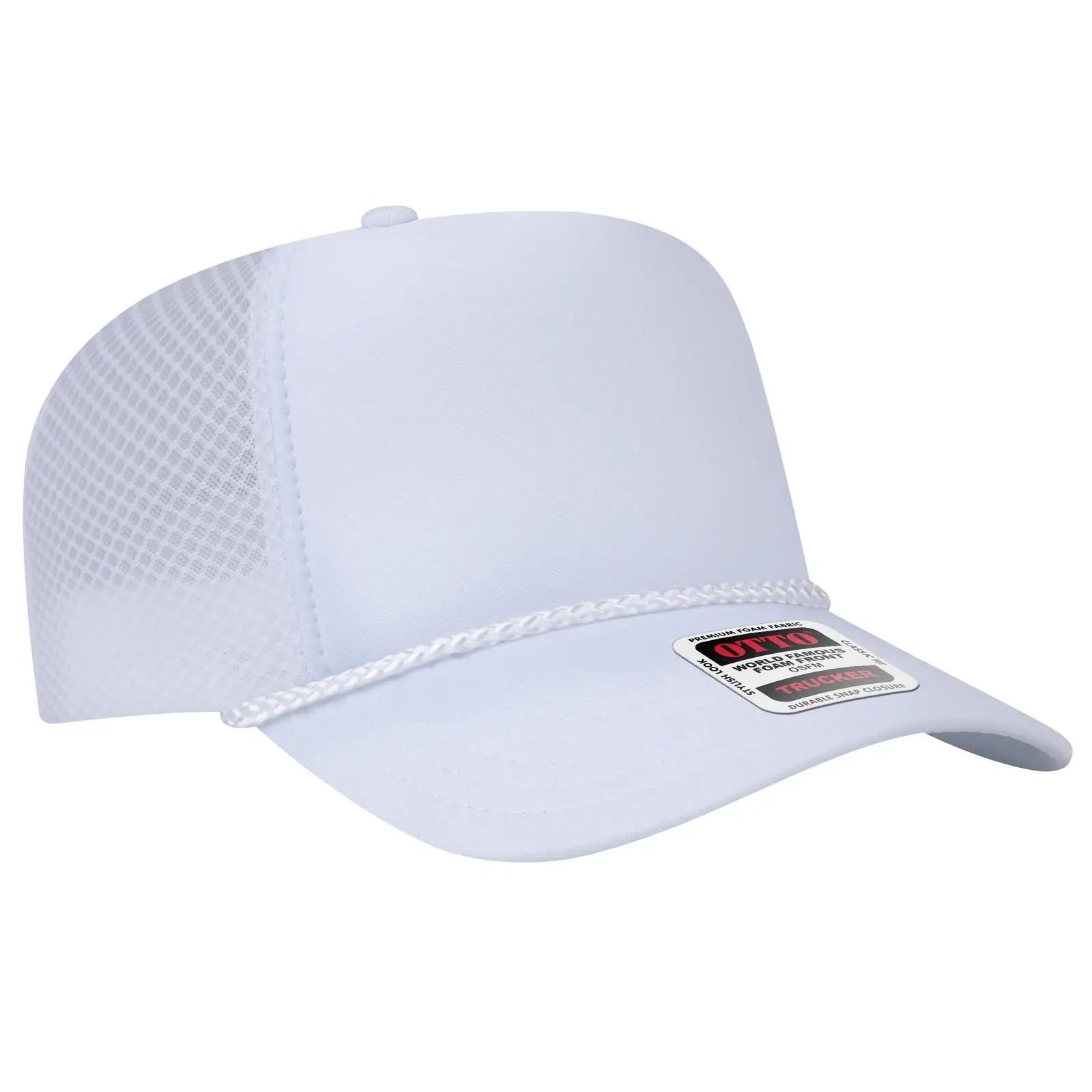OTTO 39-166 5 Panel High Crown Circle Mesh Back Trucker Cap - White - White / 7 3/8’’ - 7 5/8’’