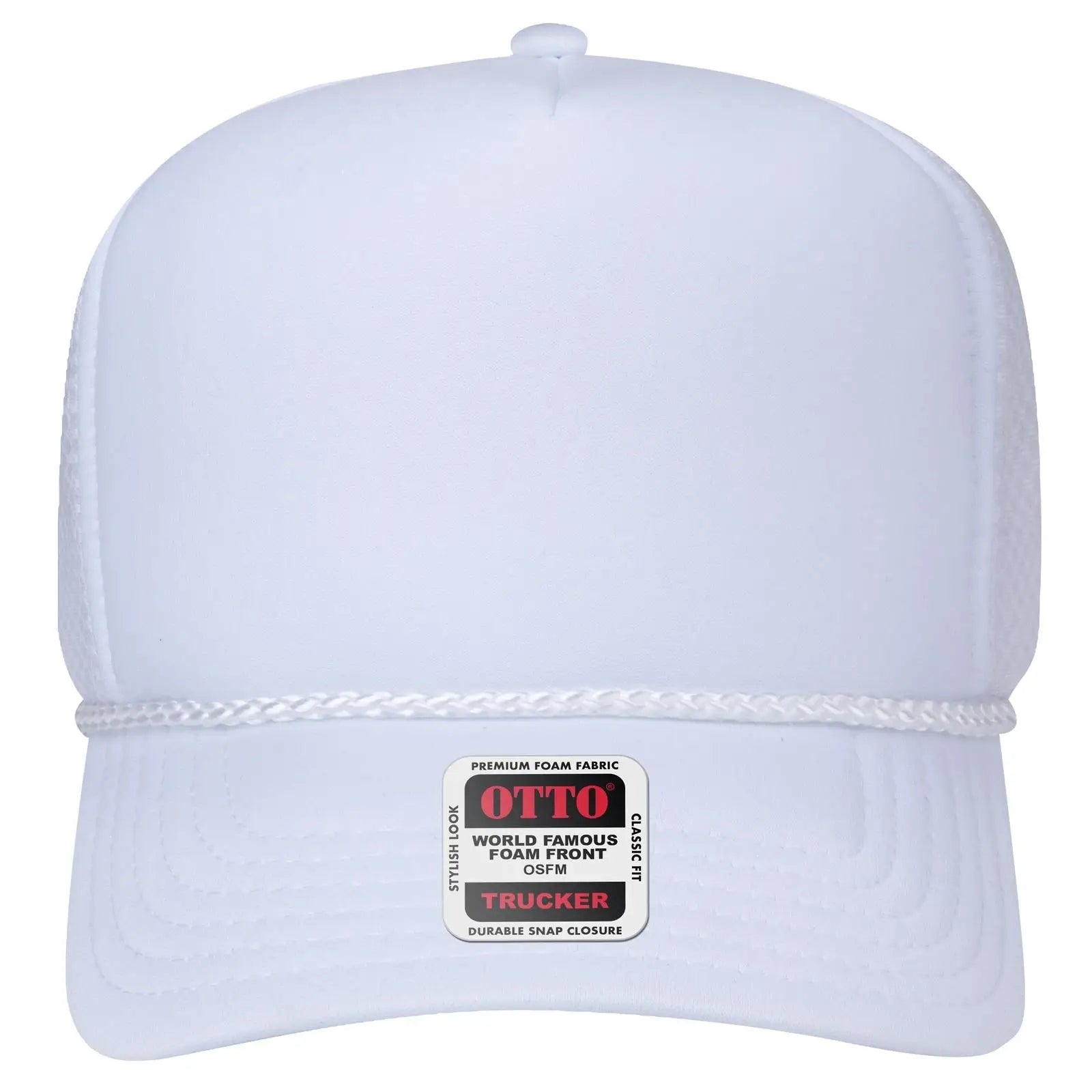 OTTO 39-166 5 Panel High Crown Circle Mesh Back Trucker Cap - White - White / 7 3/8’’ - 7 5/8’’