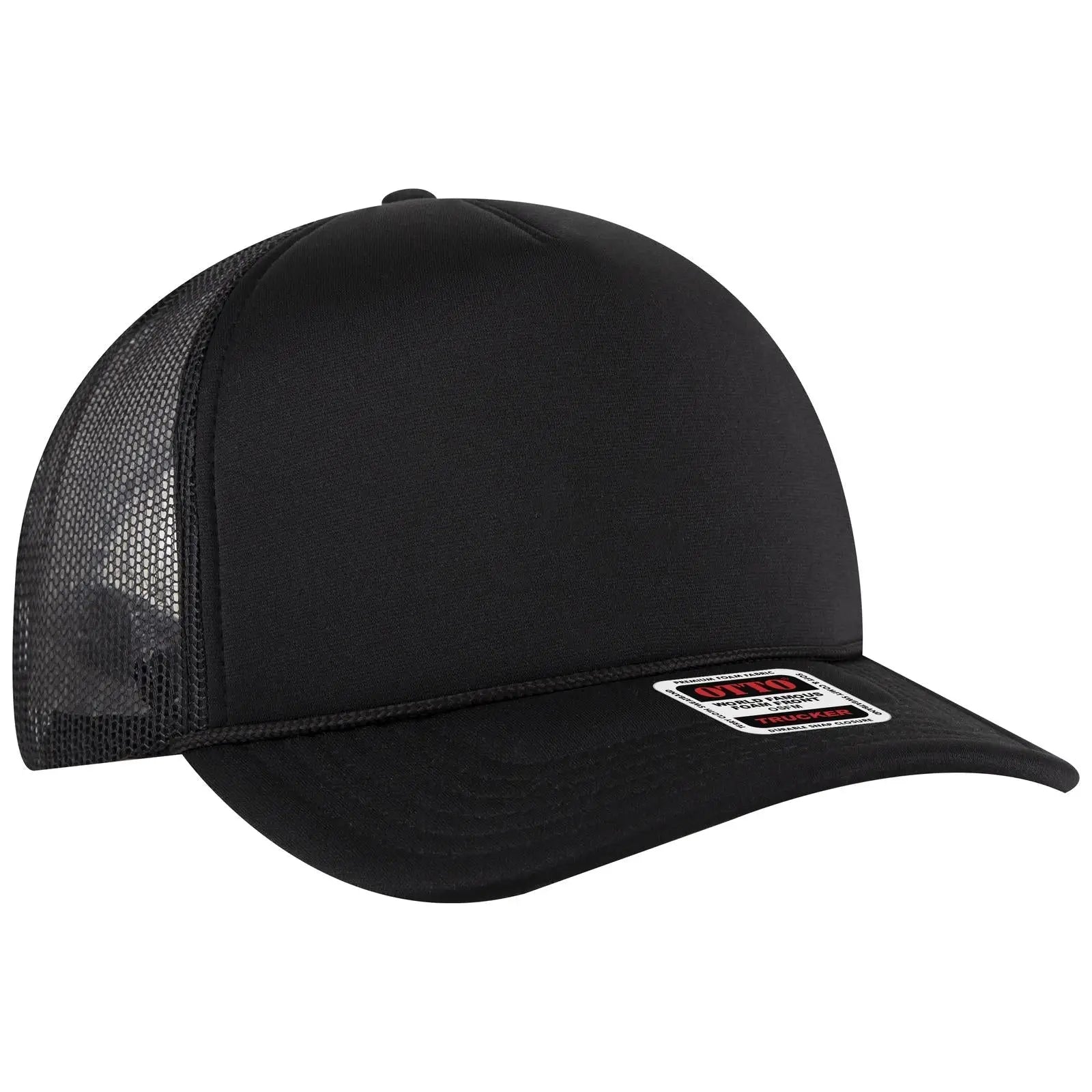 OTTO 3931-1 5 Panel High Crown Mesh Back Trucker Cap - Black - Black / 7 3/8’’ - 7 5/8’’