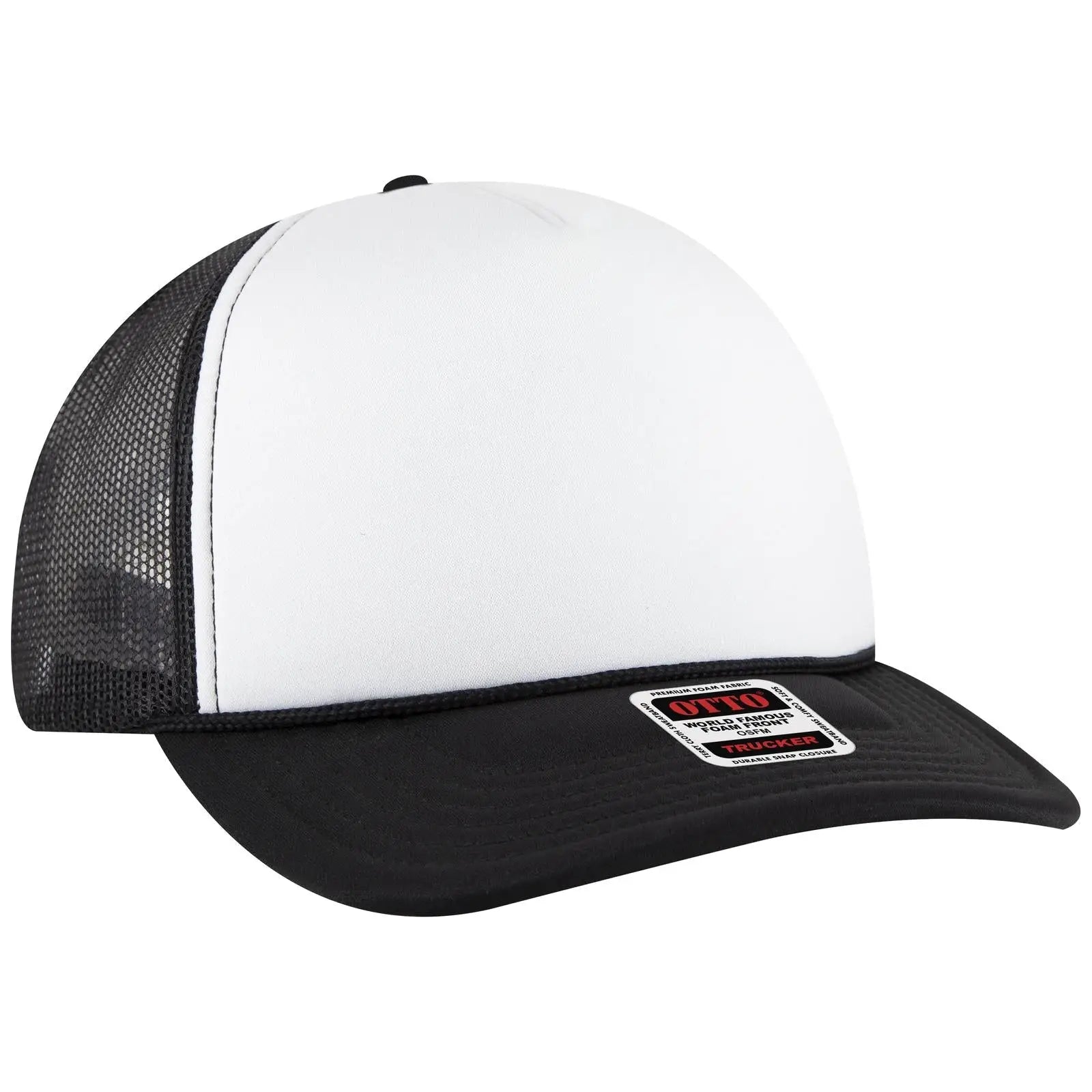 OTTO 3931-1 5 Panel High Crown Mesh Back Trucker Cap - Blk/Wht/Blk - Blk/Wht/Blk / 7 3/8’’ - 7 5/8’’