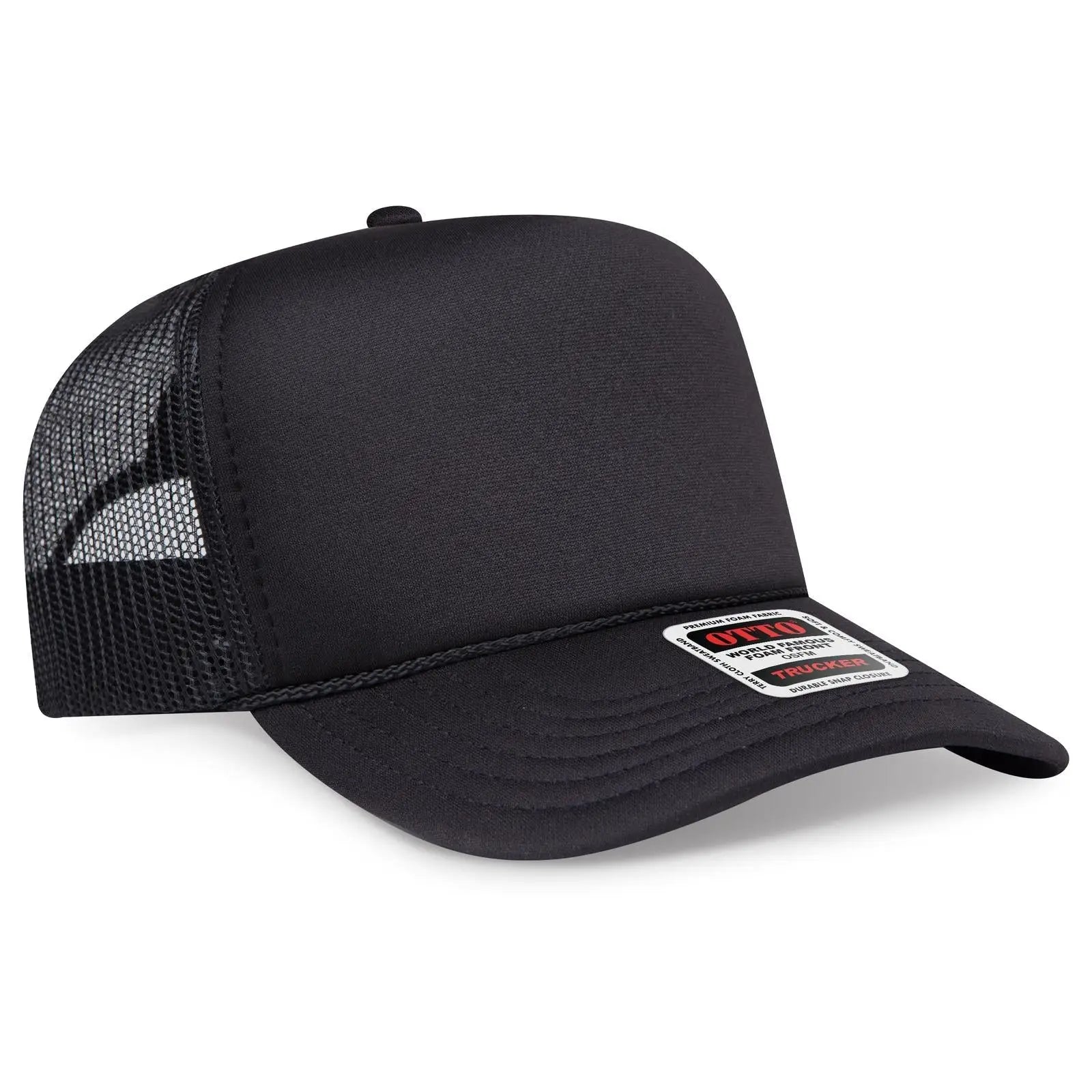 OTTO 3932-1 5 Panel High Crown Mesh Back Trucker Cap - Black - Black / 7 3/8’’ - 7 5/8’’