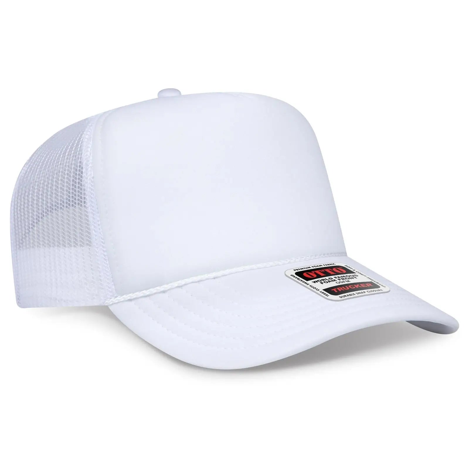 OTTO 3932-1 5 Panel High Crown Mesh Back Trucker Cap - White - White / 7 3/8’’ - 7 5/8’’
