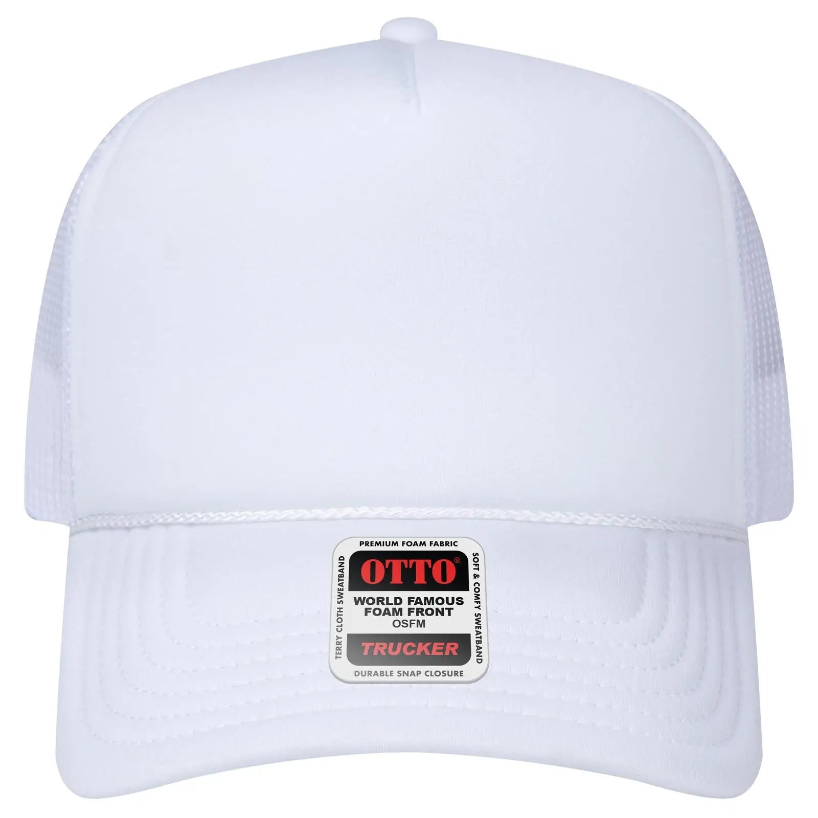 OTTO 3932-1 5 Panel High Crown Mesh Back Trucker Cap - White - White / 7 3/8’’ - 7 5/8’’