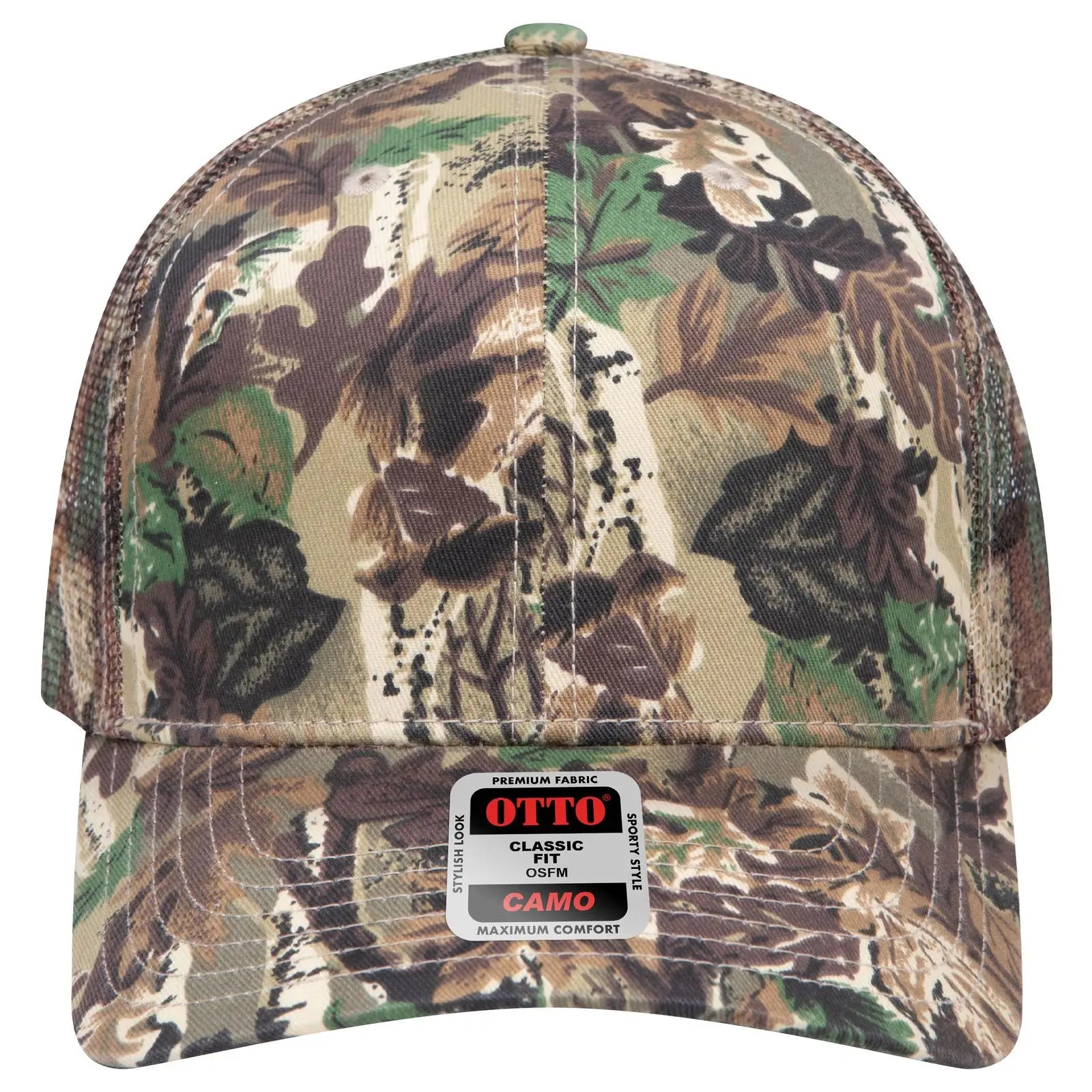 OTTO 45-052 Camouflage 6 Panel Mid Profile Mesh Back Trucker Cap - Lt.Lod/Brn/Kly - Lt.Lod/Brn/Kly / 7 3/8’’ - 7 5/8’’