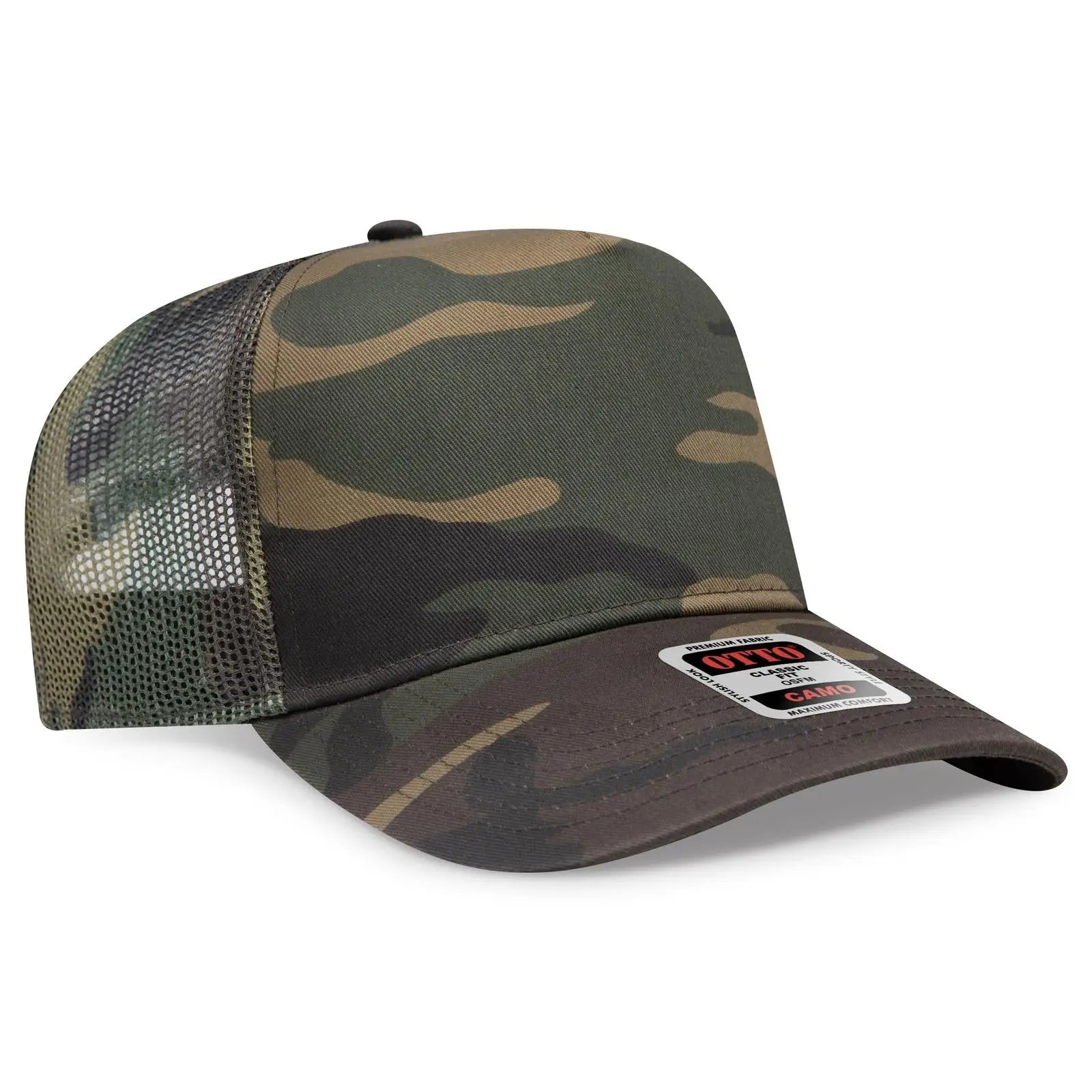 OTTO 47-049 Camouflage 5 Panel Mid Profile Mesh Back Trucker Cap - Dk.Grn/Brn - Dk.Grn/Brn / 6 1/2’’ - 7 5/8’’