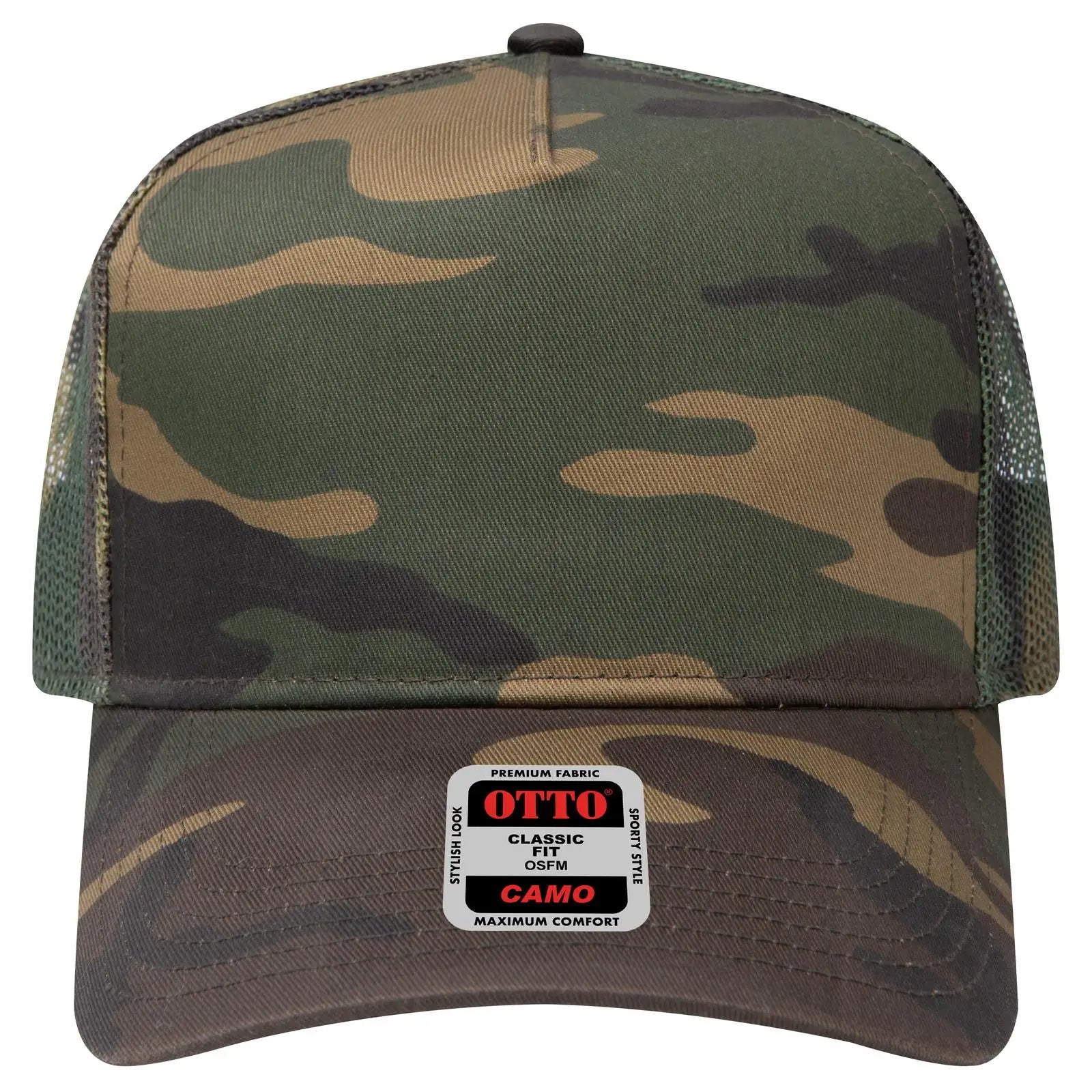 OTTO 47-049 Camouflage 5 Panel Mid Profile Mesh Back Trucker Cap - Dk.Grn/Brn - Dk.Grn/Brn / 6 1/2’’ - 7 5/8’’