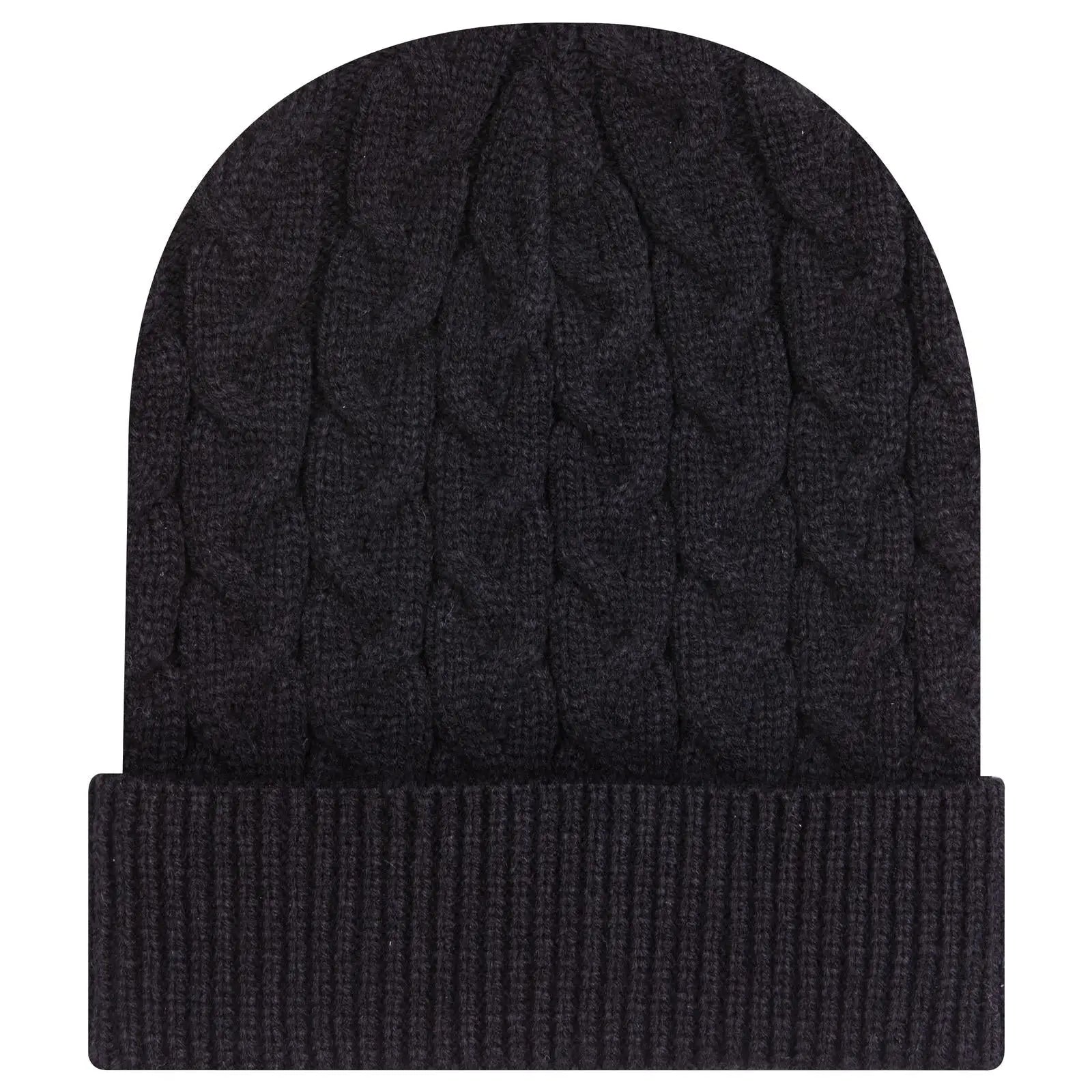 OTTO 82-1 12’’ Cable Knit Beanie with Rib Knit Cuff - Black - Black / 7 3/8’’ - 7 5/8’’
