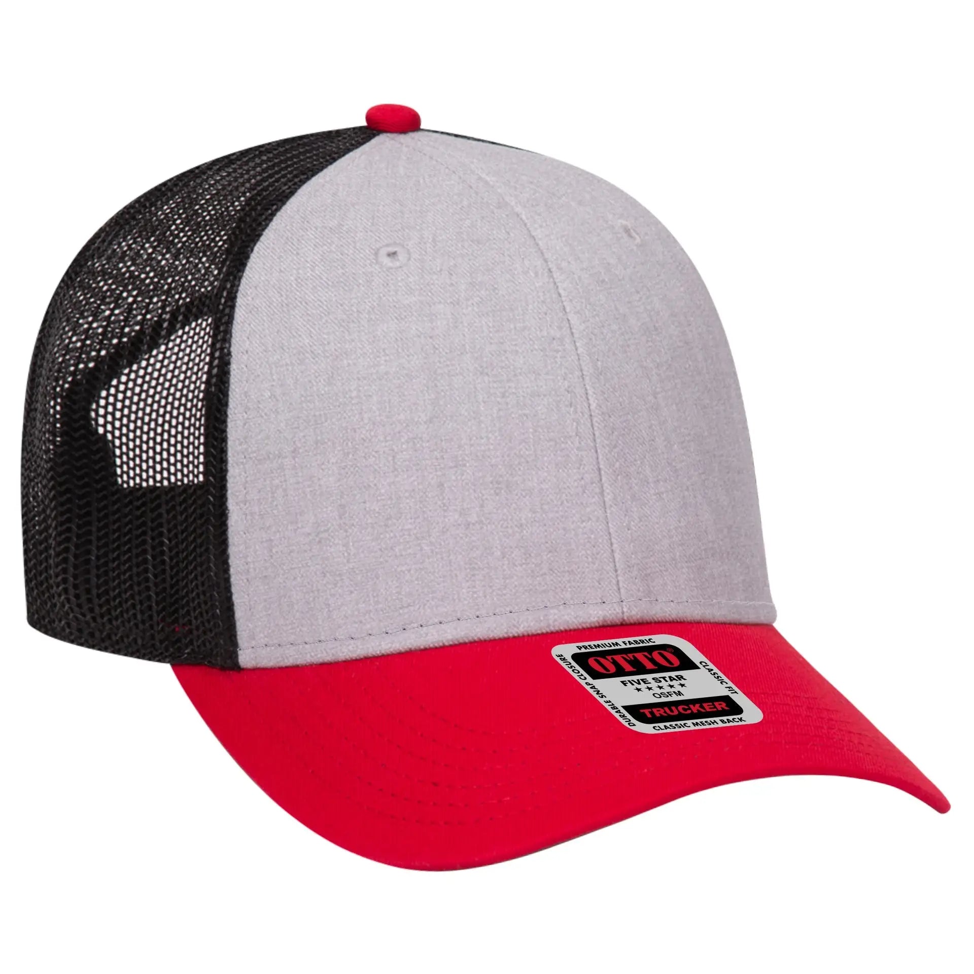 OTTO 83-1239 6 Panel Low Profile Mesh Back Trucker Cap - Red/HeatherGry/Black - Red/HeatherGry/Black / 6 1/2’’ - 7 5/8’’