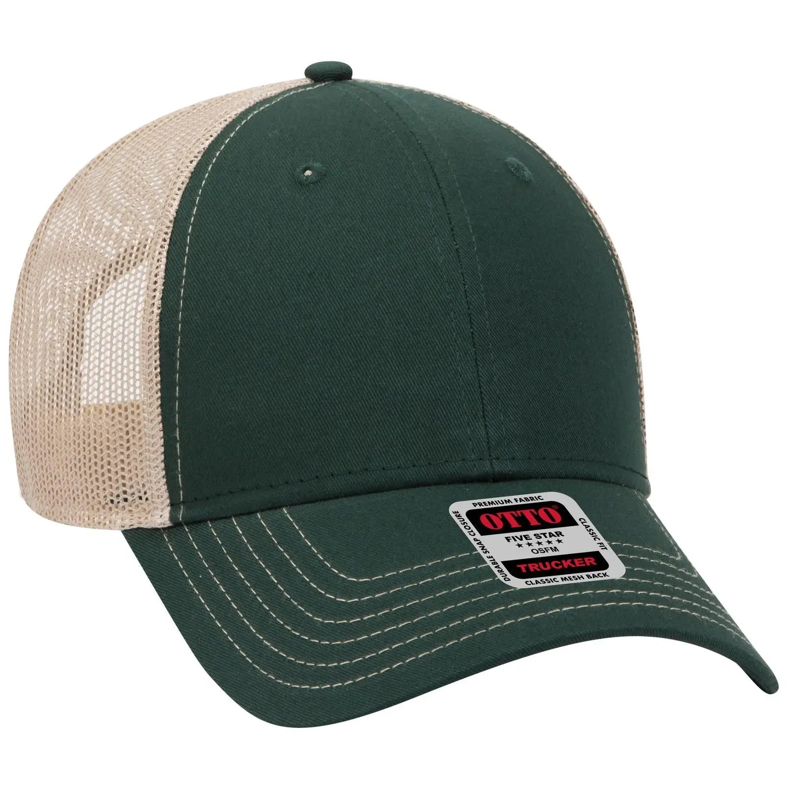 OTTO 83-1239 6 Panel Low Profile Mesh Back Trucker Cap - Dk.Grn/Dk.Grn/Kha - Dk.Grn/Dk.Grn/Kha / 6 1/2’’ - 7 5/8’’