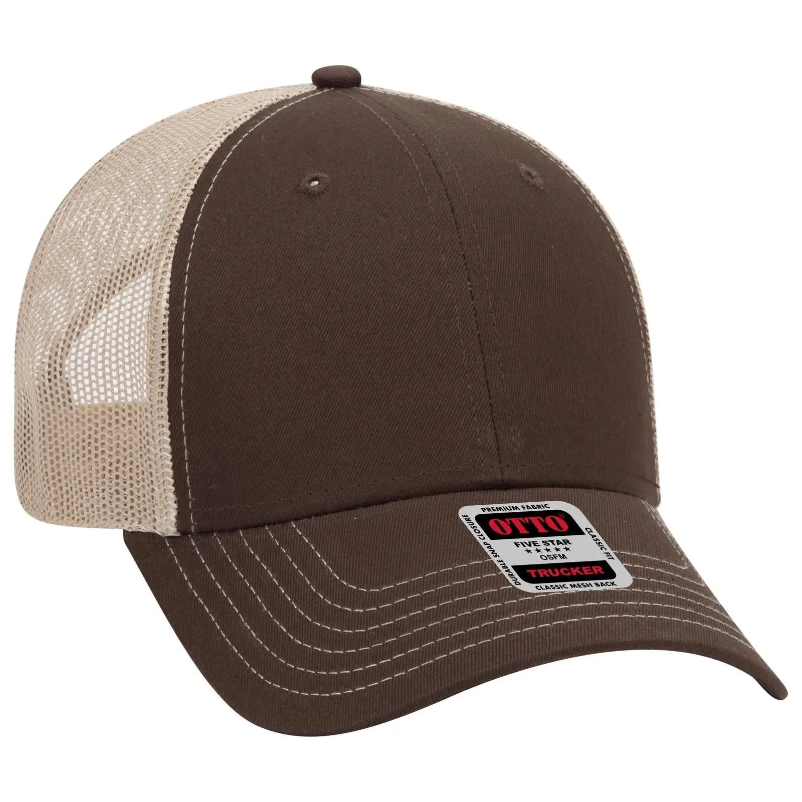 OTTO 83-1239 6 Panel Low Profile Mesh Back Trucker Cap - Dk.Brn/Dk.Brn/Kha - Dk.Brn/Dk.Brn/Kha / 6 1/2’’ - 7 5/8’’