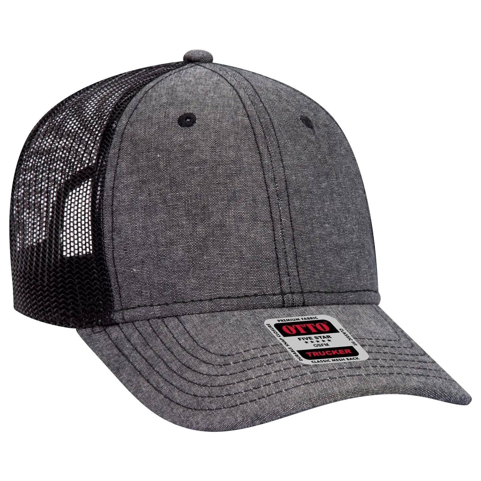 OTTO 83-1239 6 Panel Low Profile Mesh Back Trucker Cap - Black - Black / 6 1/2’’ - 7 5/8’’