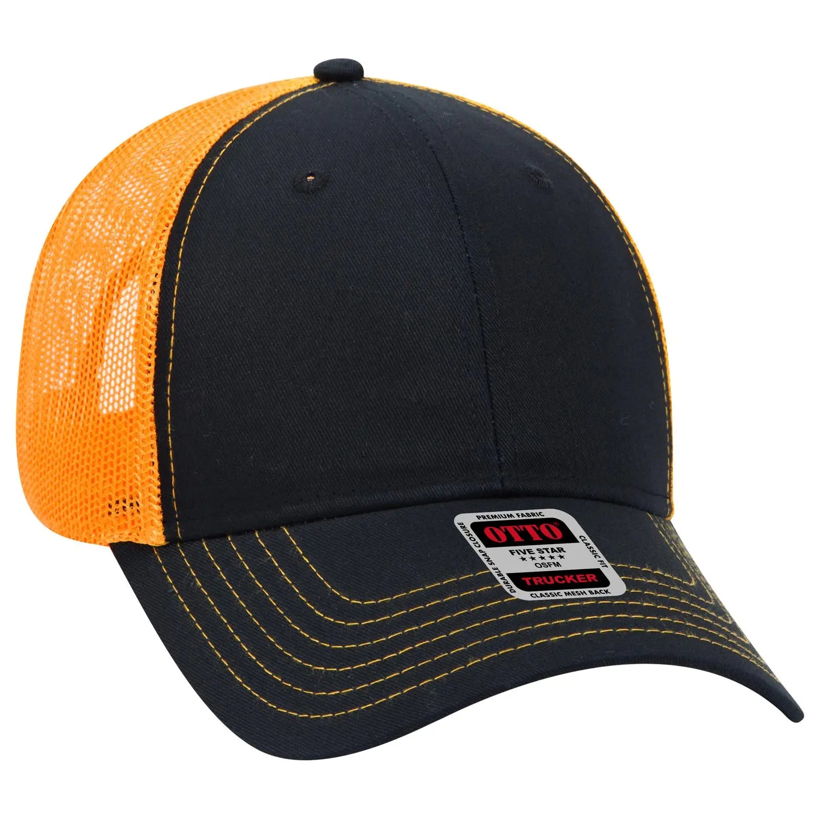 OTTO 83-1239 6 Panel Low Profile Mesh Back Trucker Cap - Blk/Blk/Gld - Blk/Blk/Gld / 6 1/2’’ - 7 5/8’’